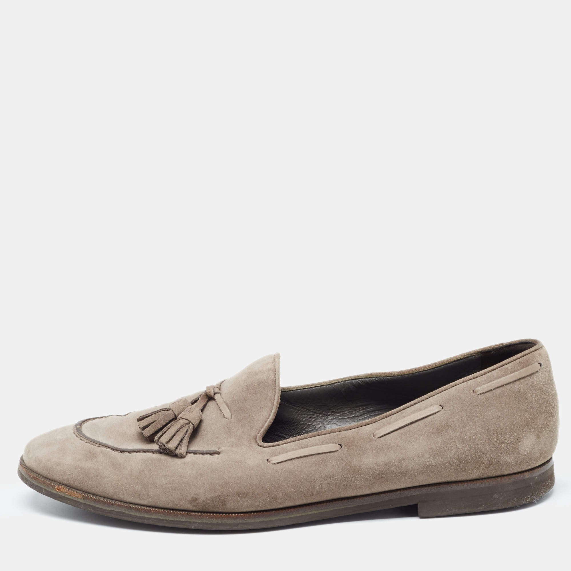 Pre Owned Loro Piana Grey Suede Fringe Detail Slip On Loafers Size 39