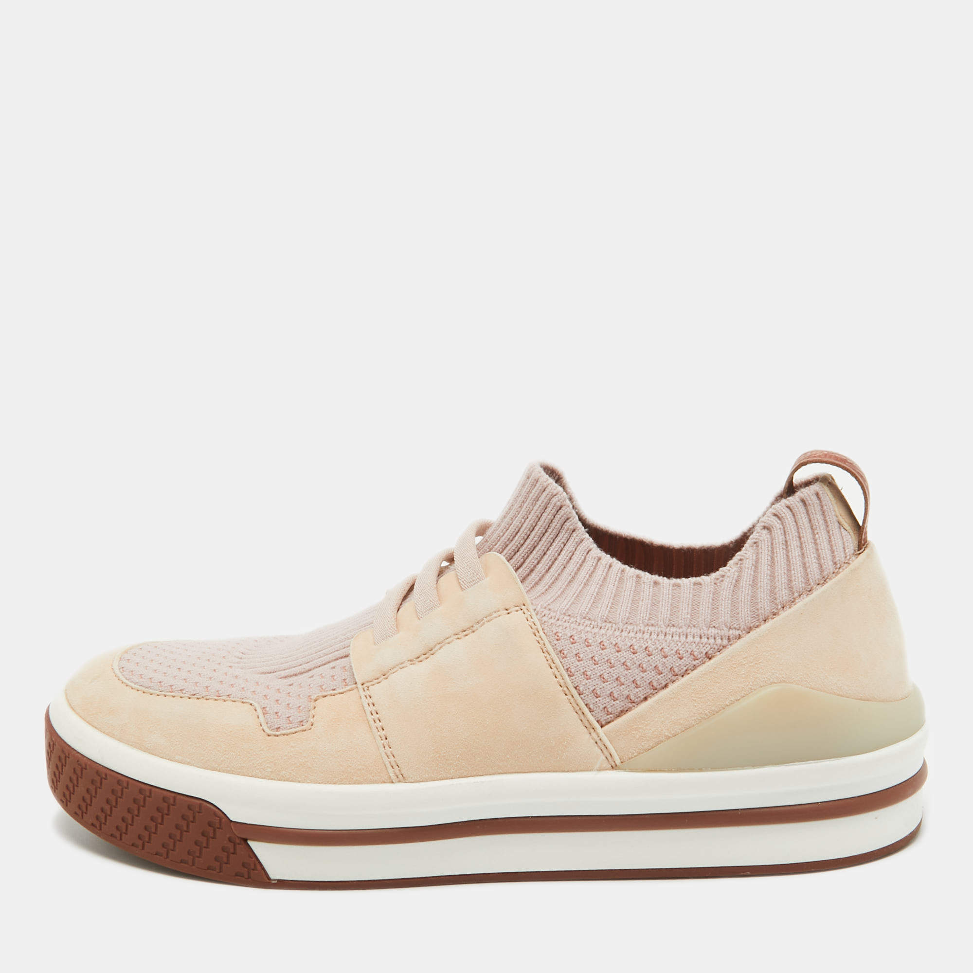 Pre Owned Loro Piana Two Tone Suede and Knit Fabric Low Top Sneakers Size 35