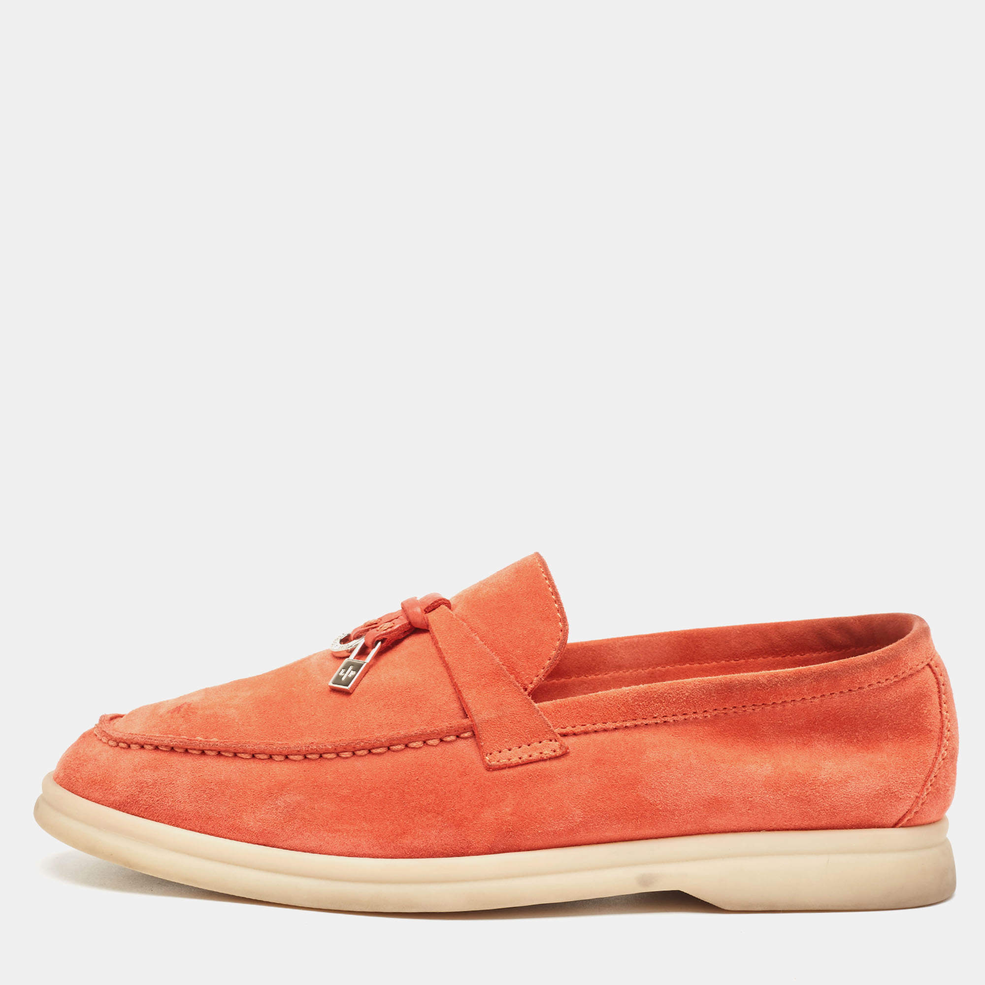 Loro Piana Orange Suede Summer Charms Walk Loafers Size 35
