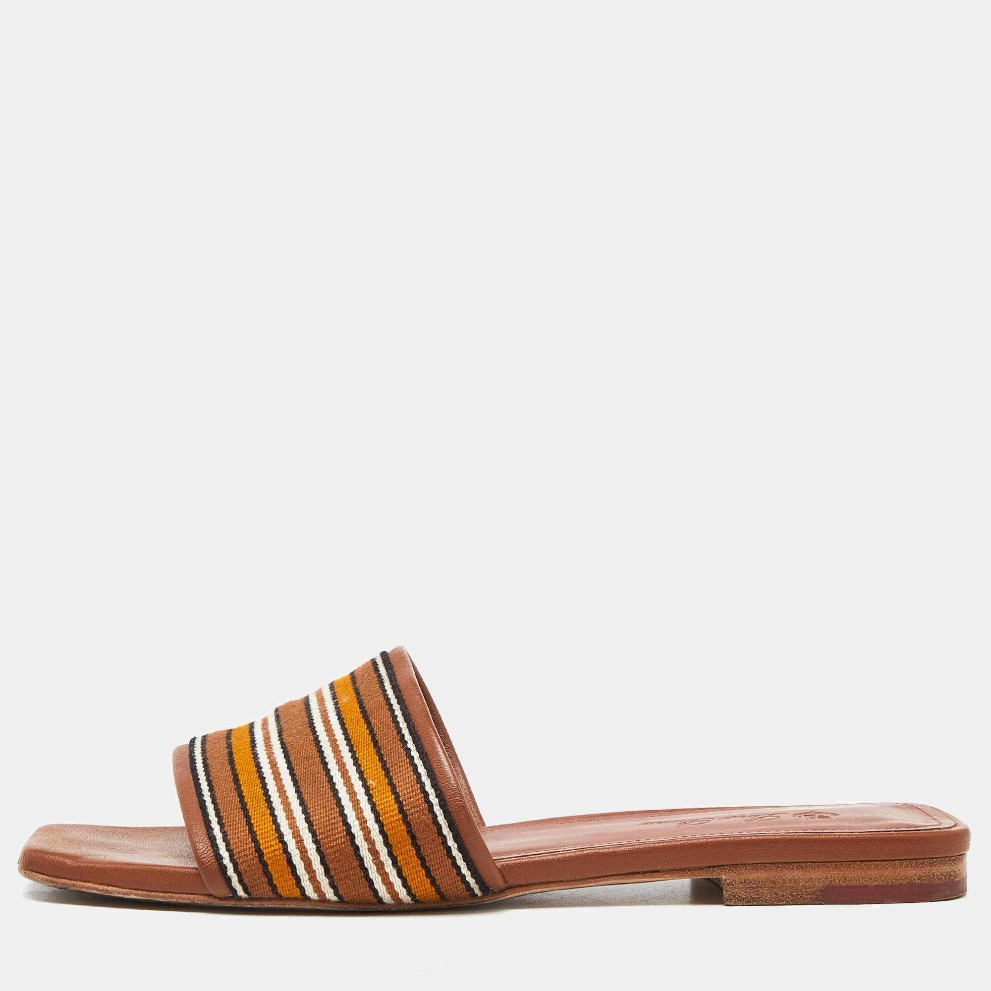 Pre Owned Loro Piana Brown Leather Flat Slides Size 36