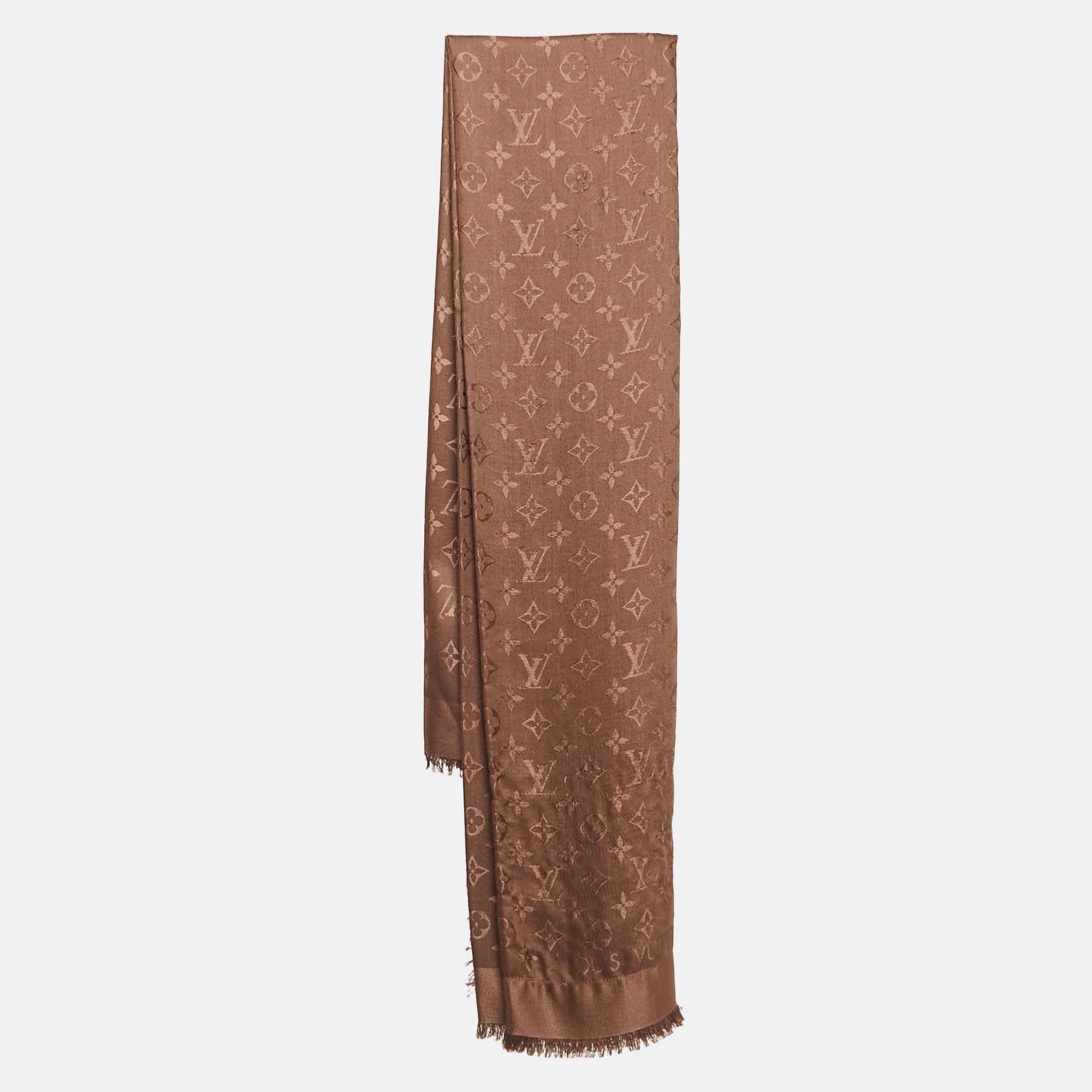 Pre Owned Louis Vuitton Brown Monogram Silk Blend Classic Shawl 