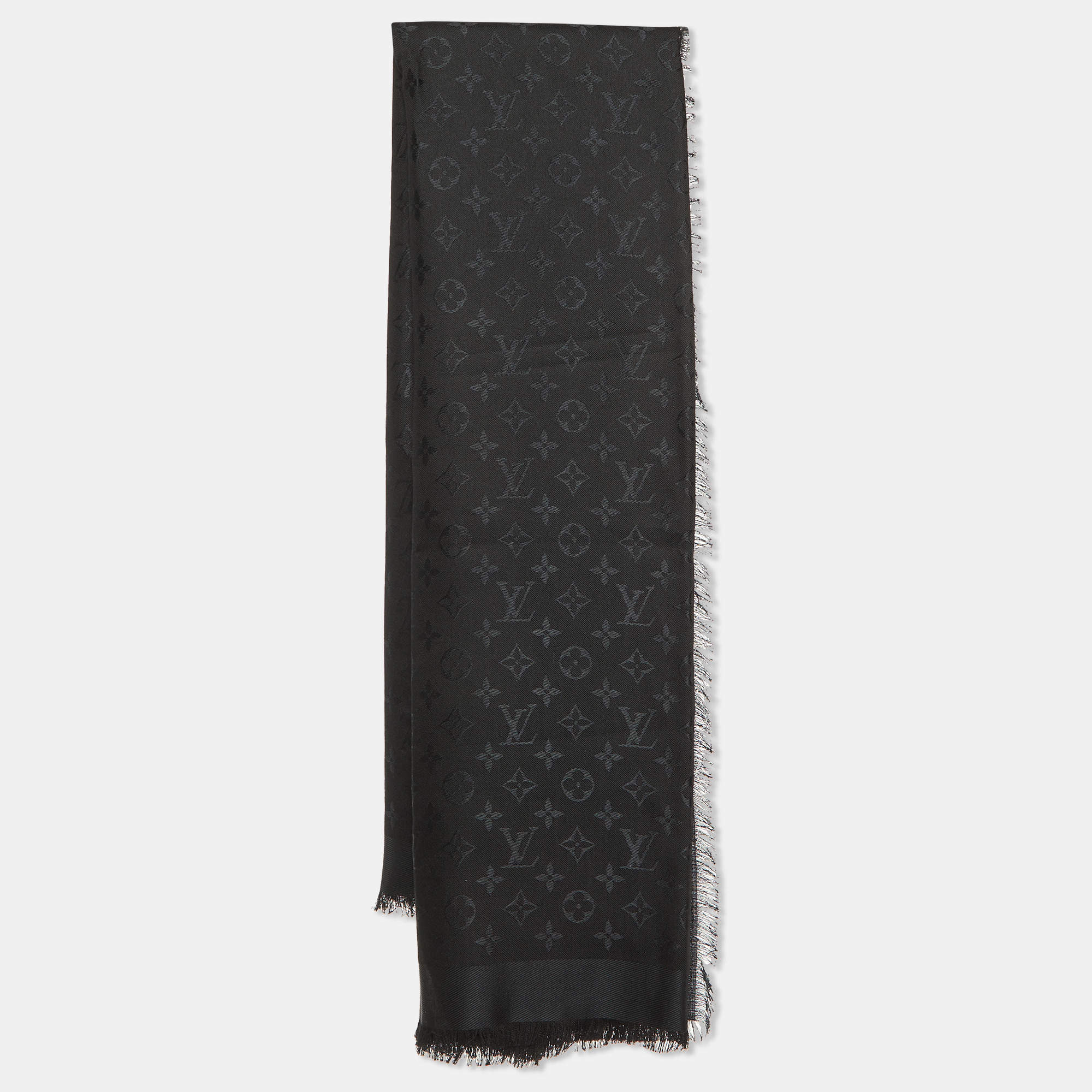 Pre Owned Louis Vuitton Black Silk & Wool Classique Monogram Shawl