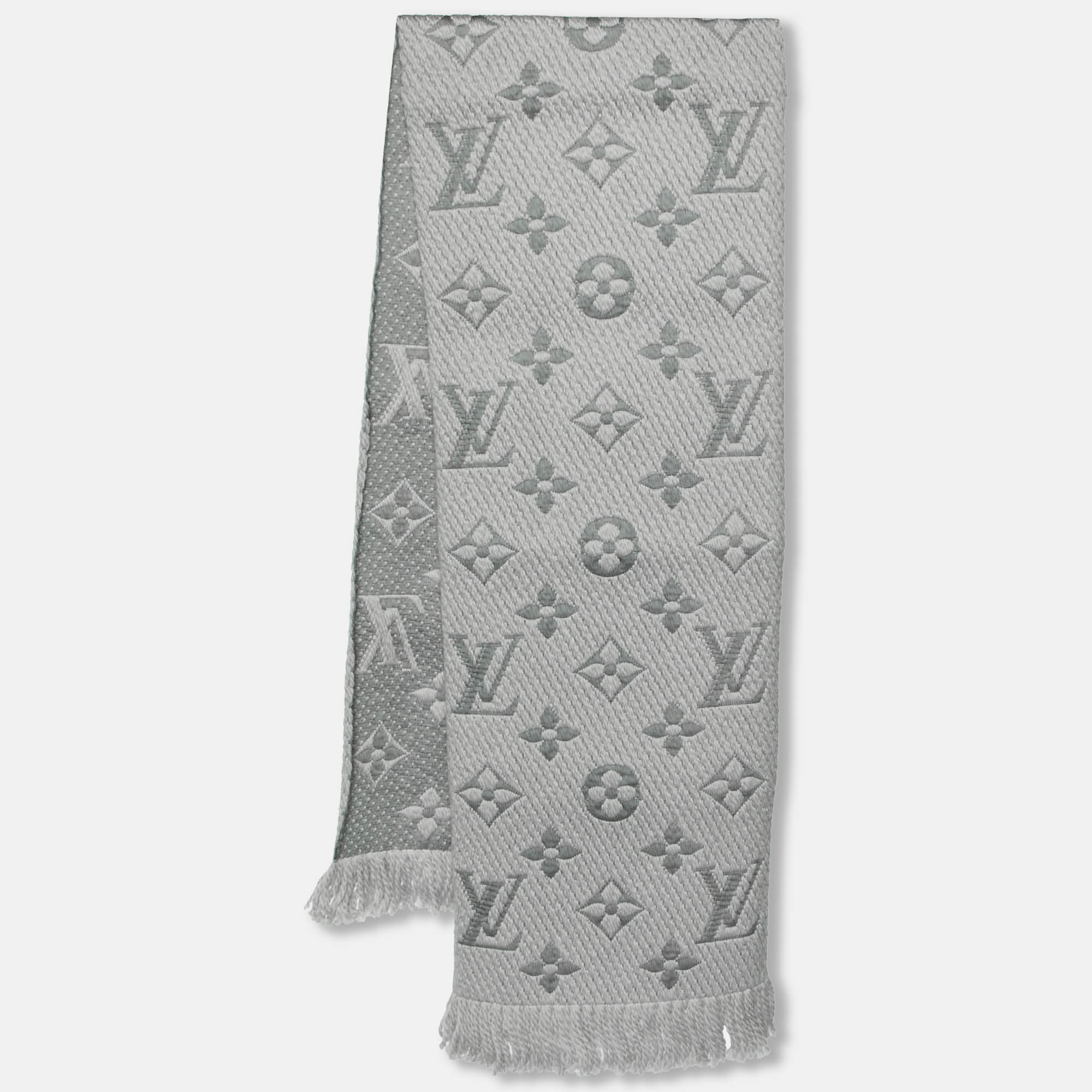 Louis Vuitton Logomania Gray Women Scarf Wool Blend Fringes Thermal Shawl  Wrap