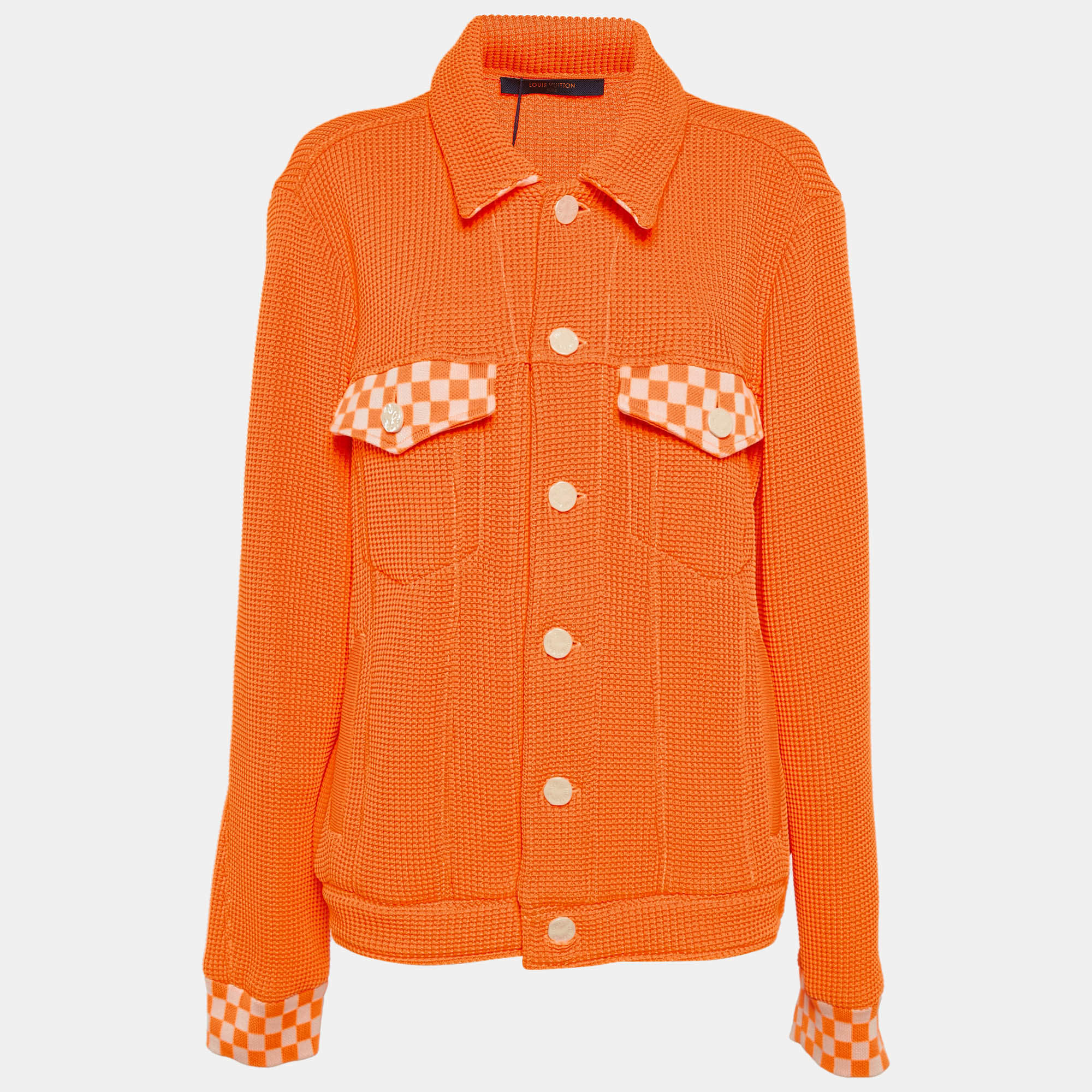 Louis Vuitton Neon Orange Rib Knit Trucker Jacket XL