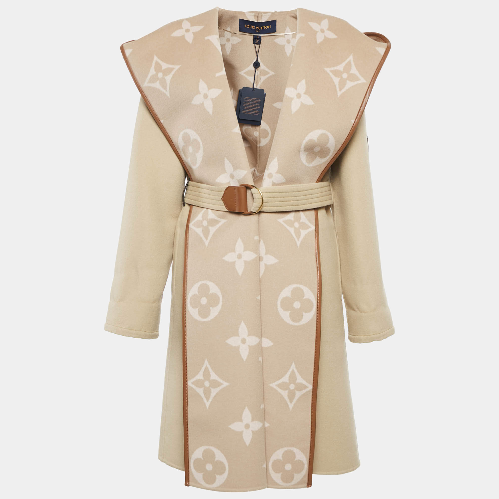 Louis Vuitton Beige Double Face Wool Hooded Wrap Coat S