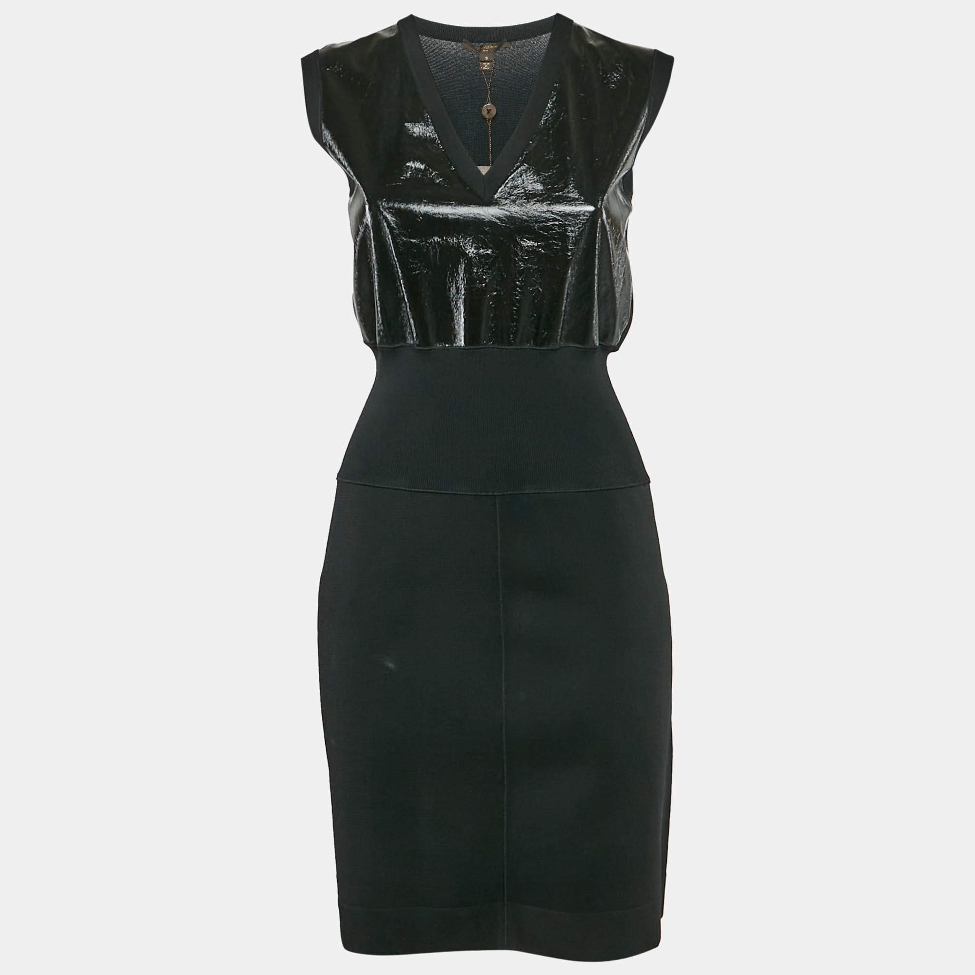 Louis Vuitton Black Knit V-Neck Leather Inset Detail Sleeveless Mini Dress S