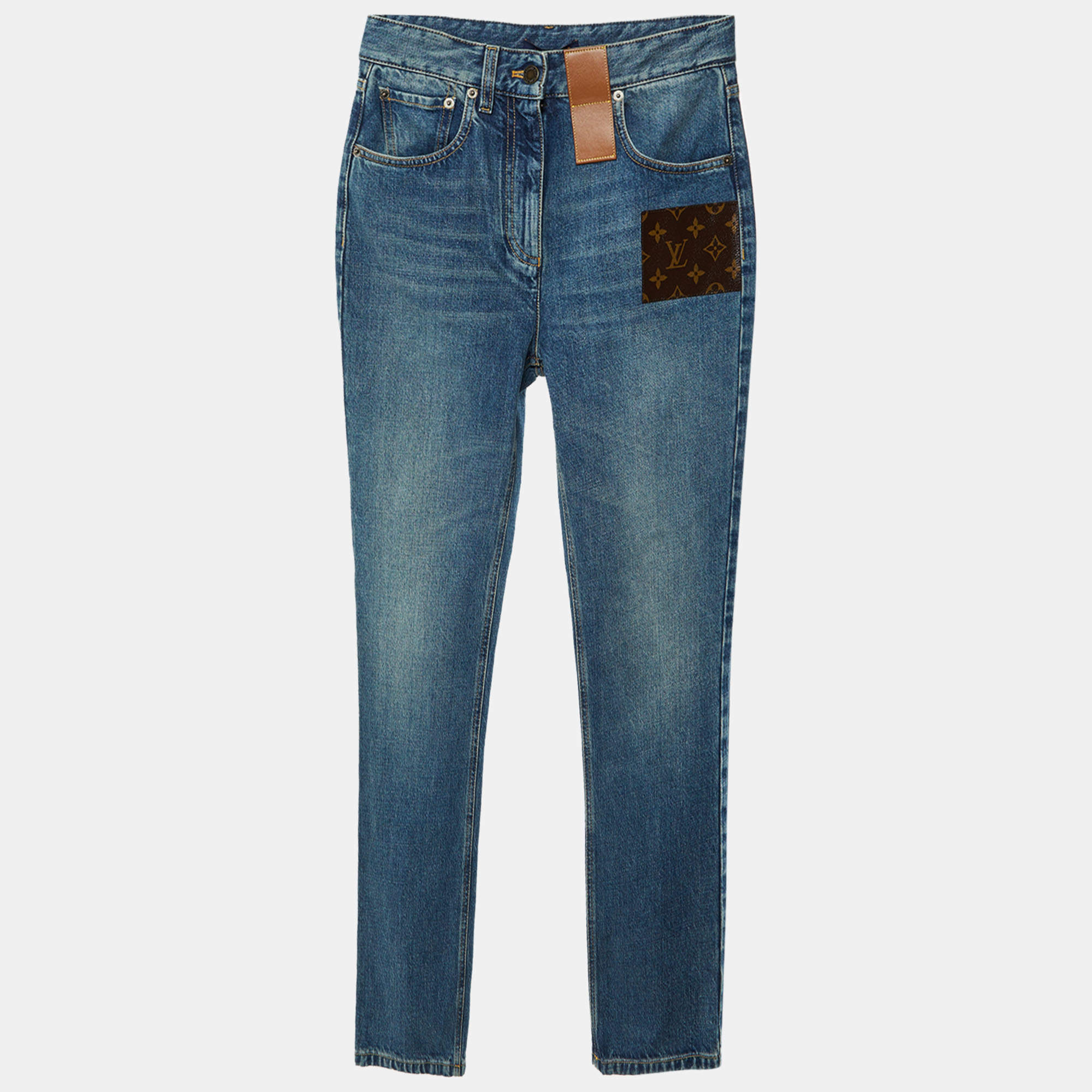Pre Owned Louis Vuitton Blue Denim Monogram Patch High Waist Jeans S