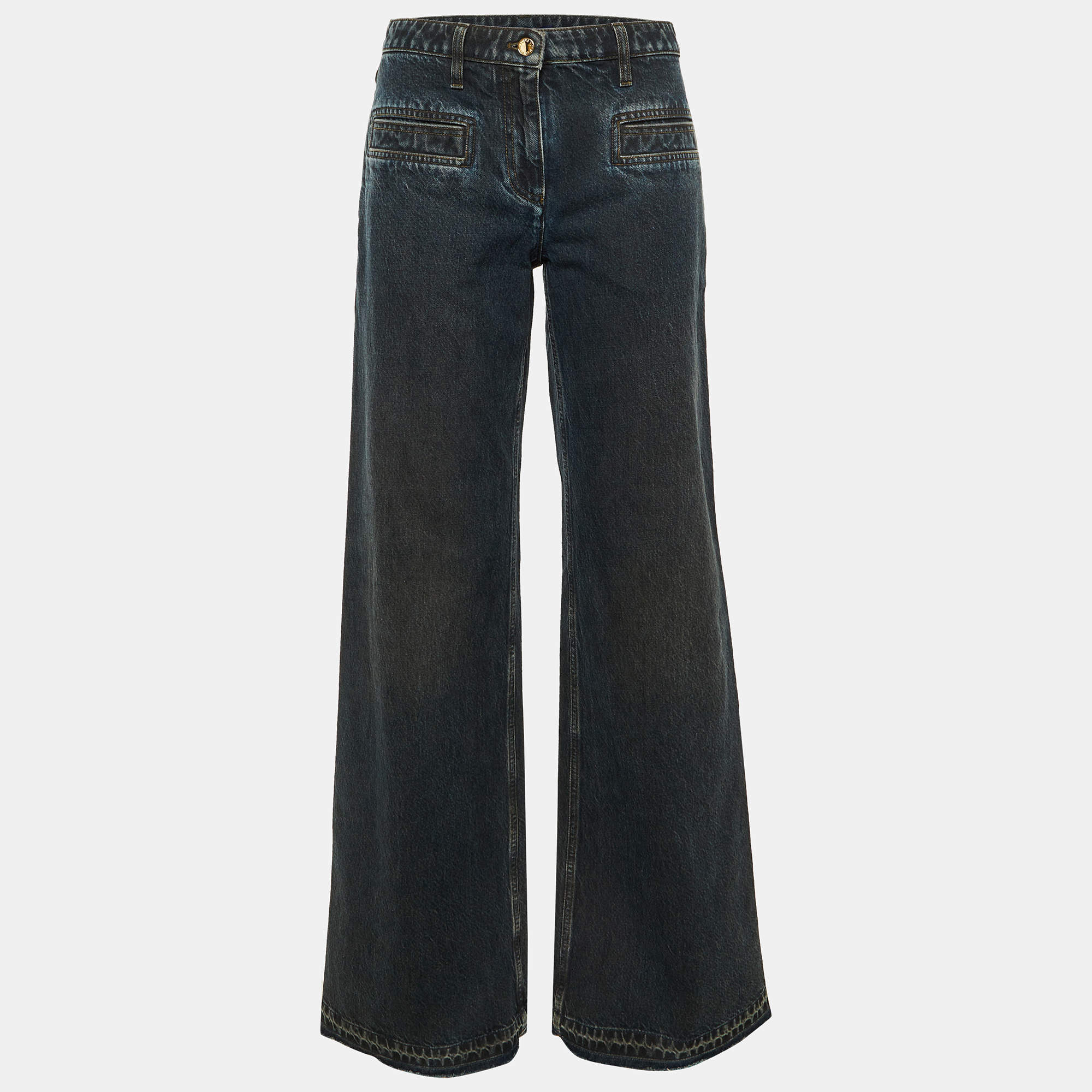 Pre Owned بنطلون جينز لوي فيتون دنيم أزرق غامق واسع الساقين مقاس وسط 30"