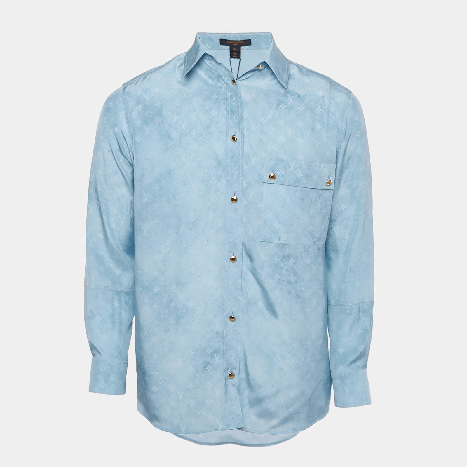 Pre Owned Louis Vuitton Blue Monogram Silk Long Sleeve Shirt S