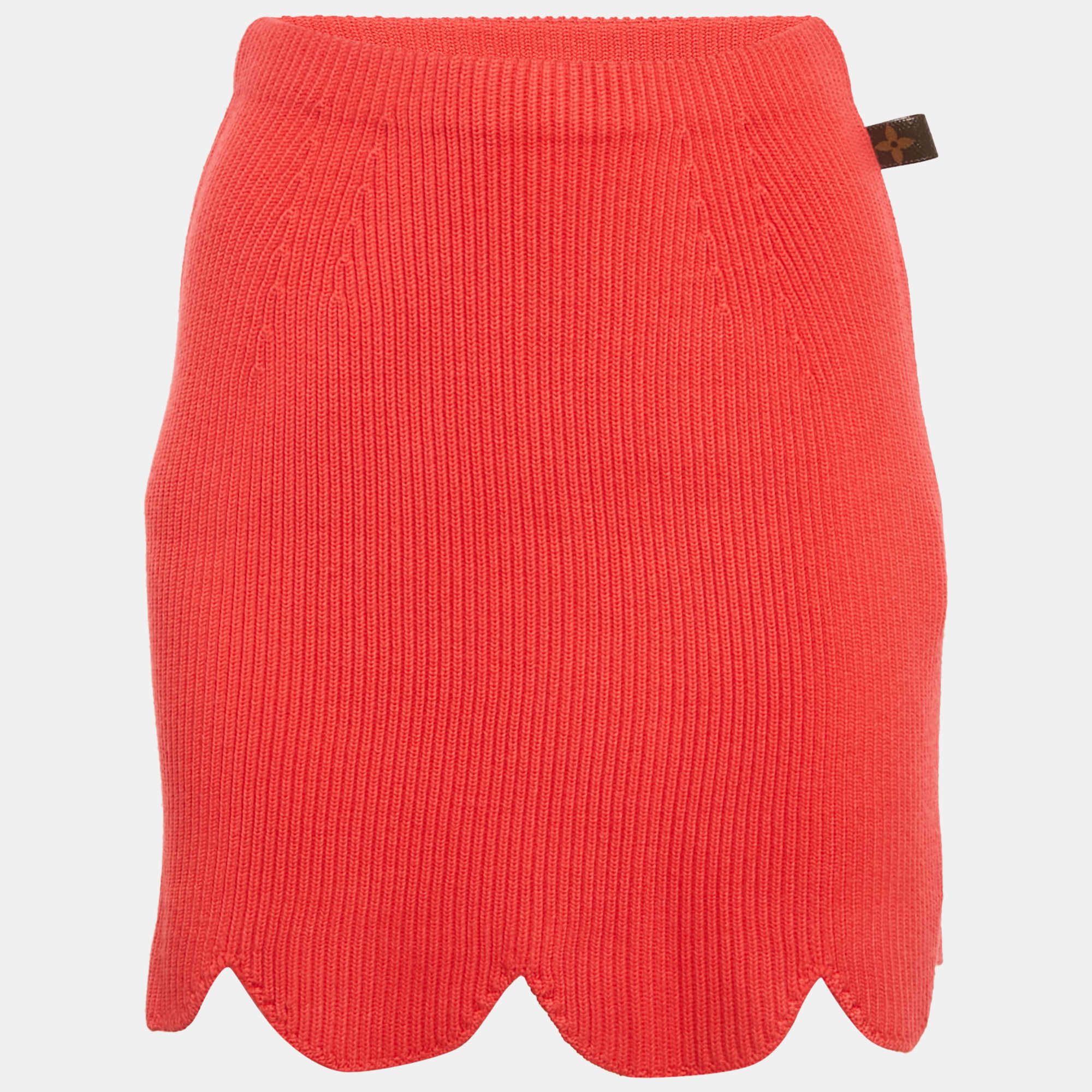 Pre Owned Louis Vuitton Red Rib Knit Scallop Mini Skirt S