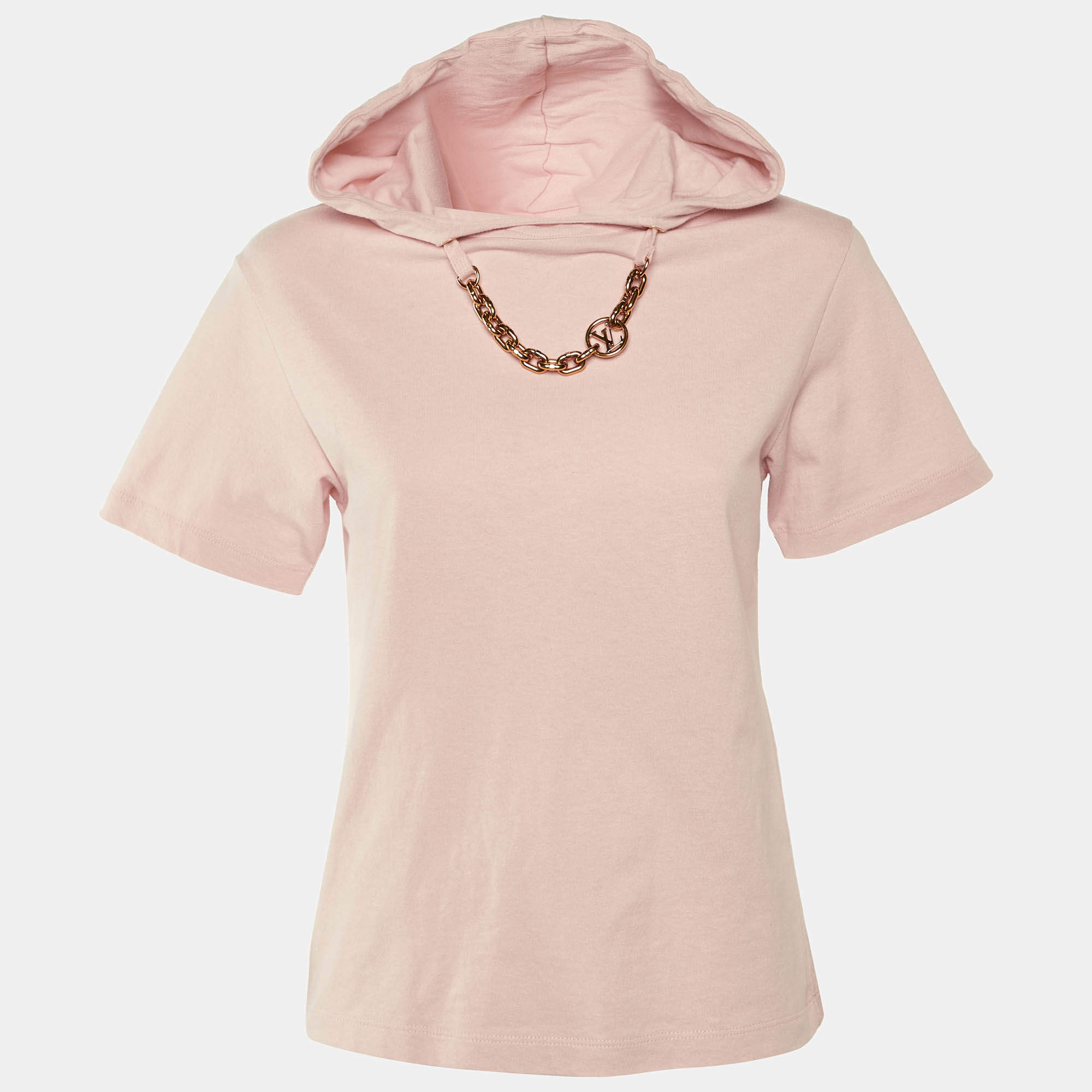 مملوكة مسبقًا Louis Vuitton Pink Cotton Chain Detail Hooded T-Shirt XXS