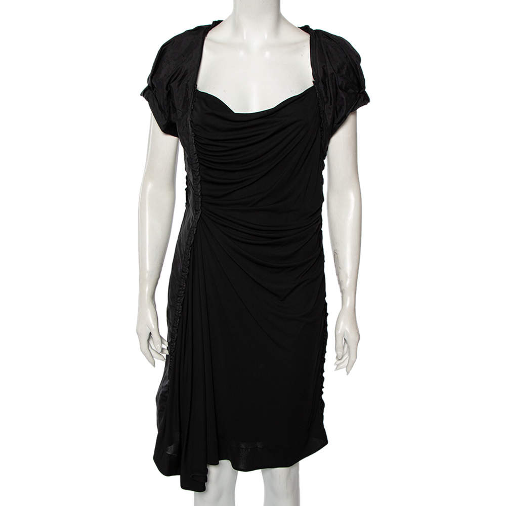 Louis Vuitton Black Jersey Ruffle Trim Ruched Dress L