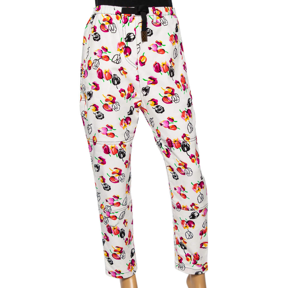 Pre Owned Louis Vuitton White Floral Printed Gabardine Elasticized Waist Detailed Pants S