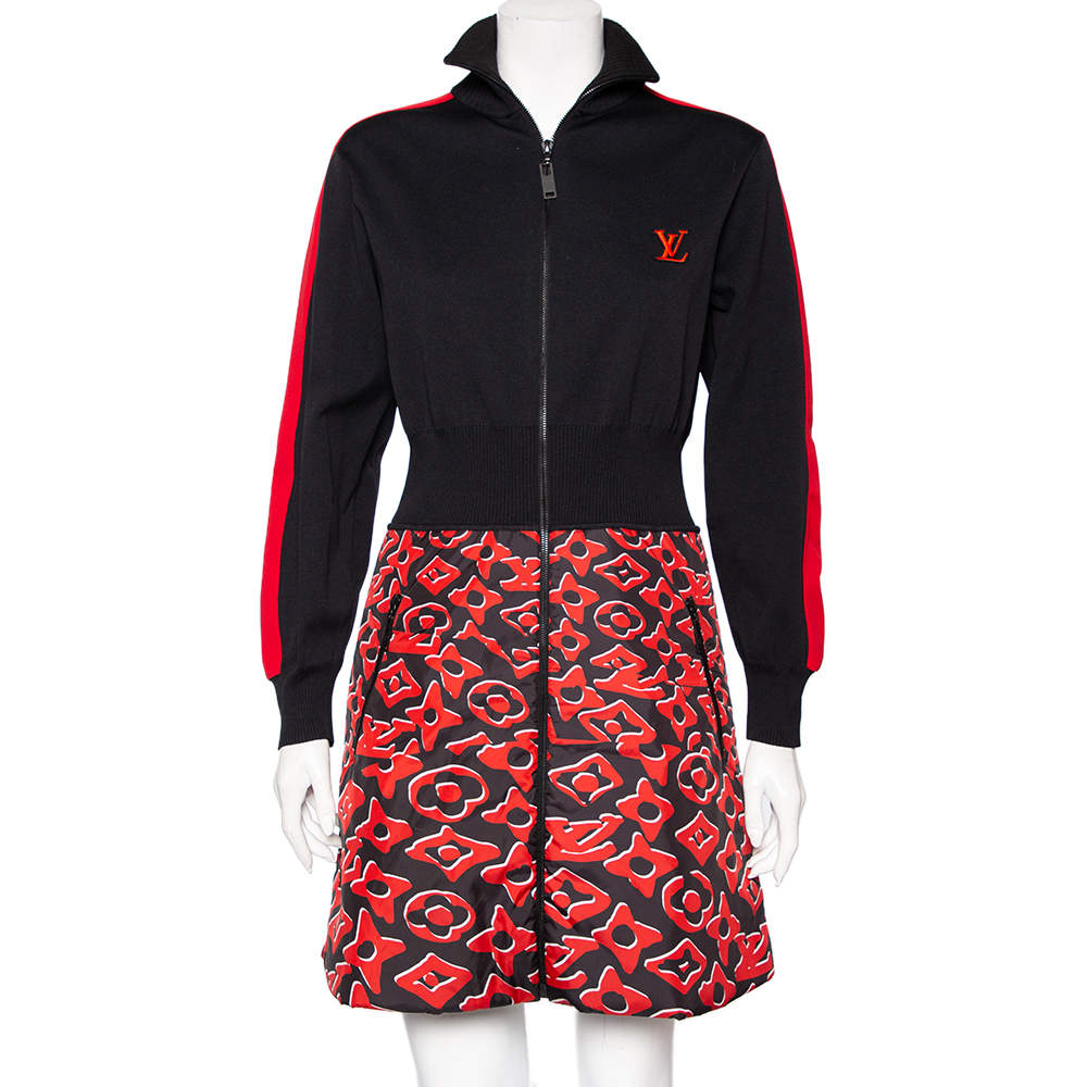 Pre Owned Louis Vuitton x Urs Fischer Black & Red Knit & Quilted Zip Front Dress L