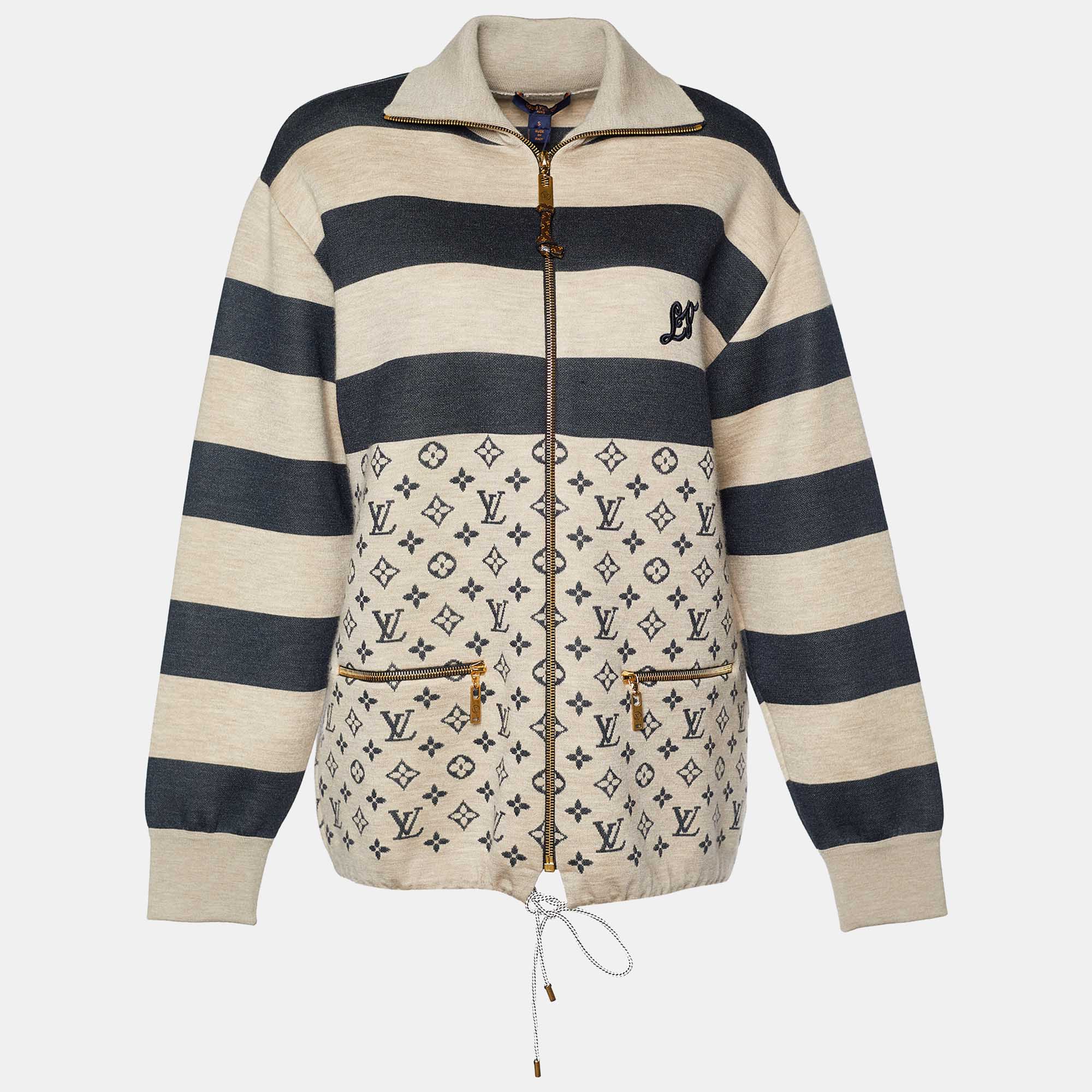 Louis Vuitton Beige & Navy Cashmere Blend Striped & Monogram Jacket S