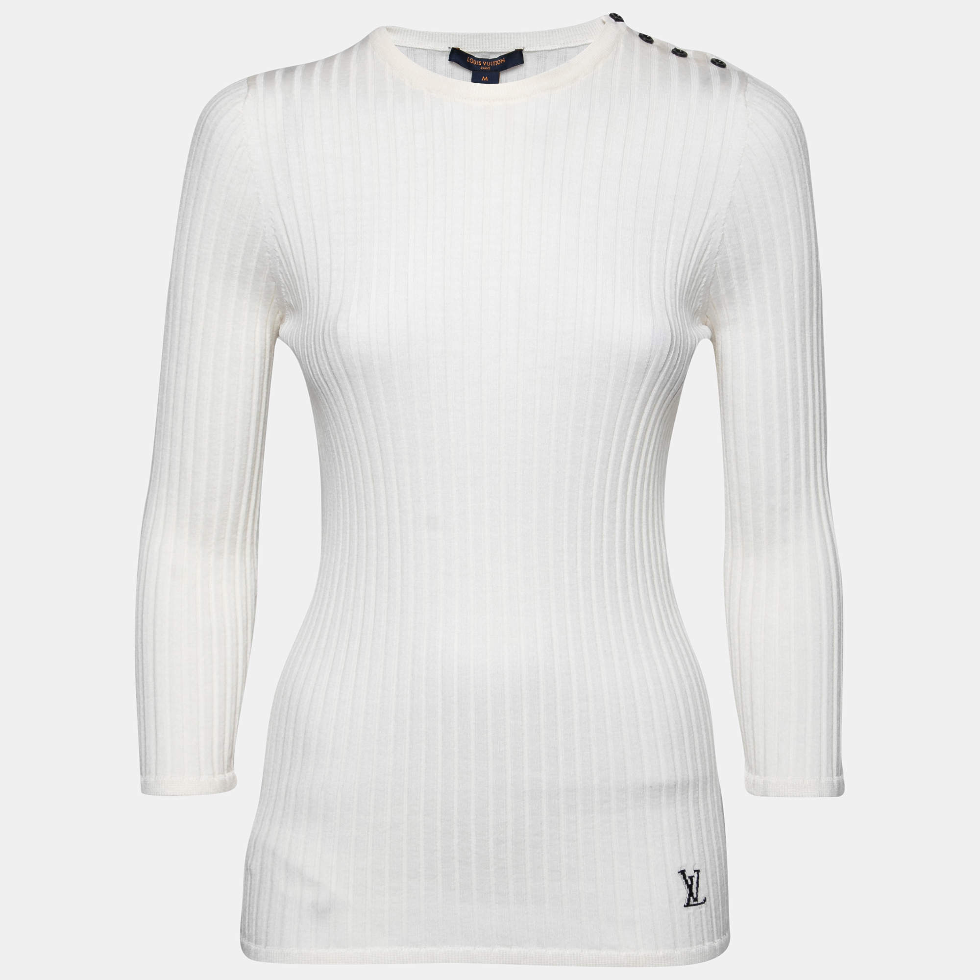 Pre Owned Louis Vuitton Cream Wool Ribbed Knit Pullover M