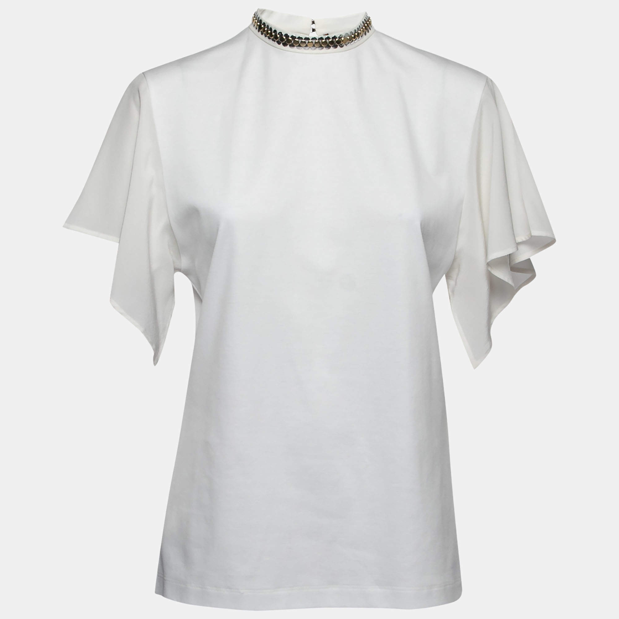 Louis Vuitton White Cotton Embellished Mock Neck Blouse M