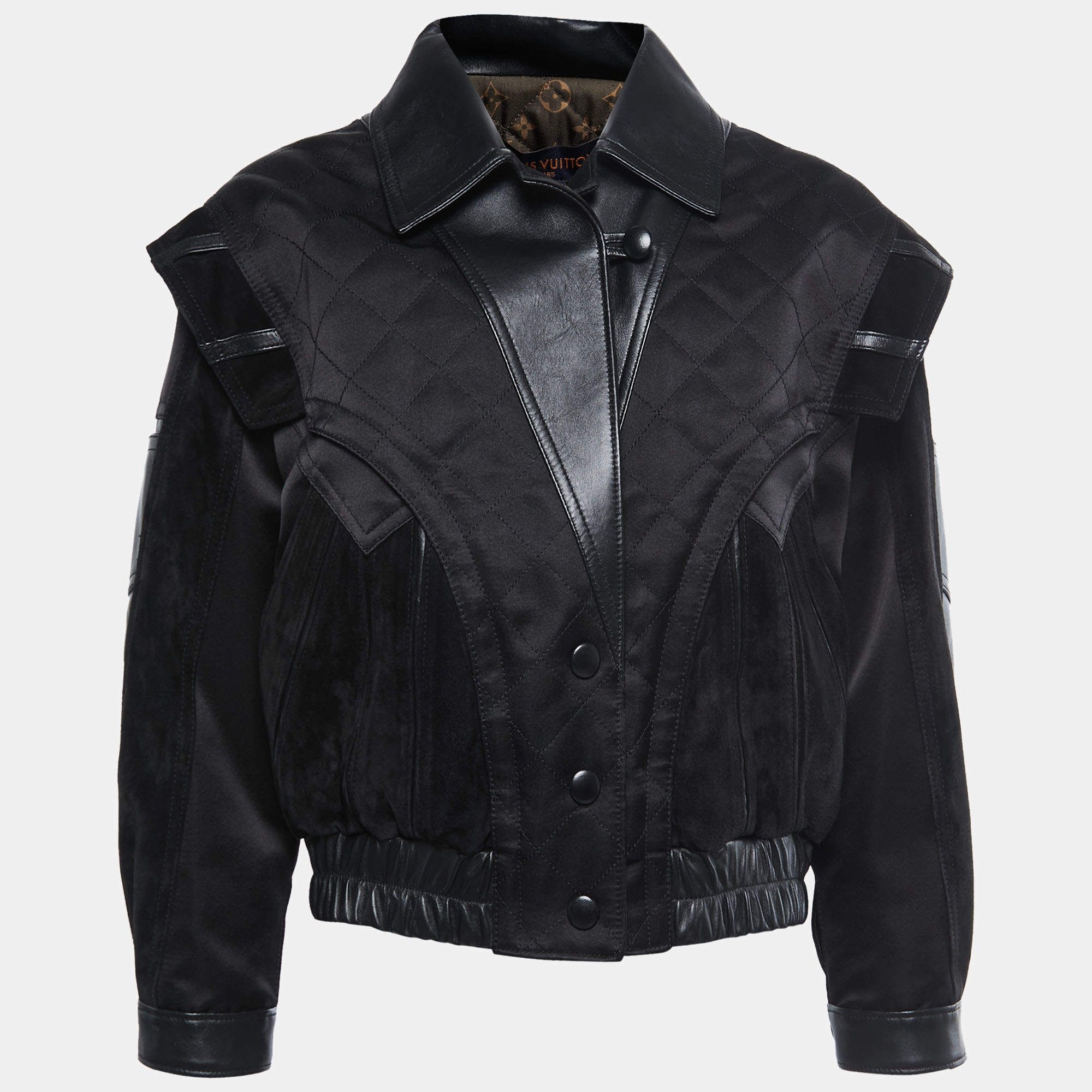 Louis Vuitton Black Leather & Silk Quilted Biker Jacket L Louis