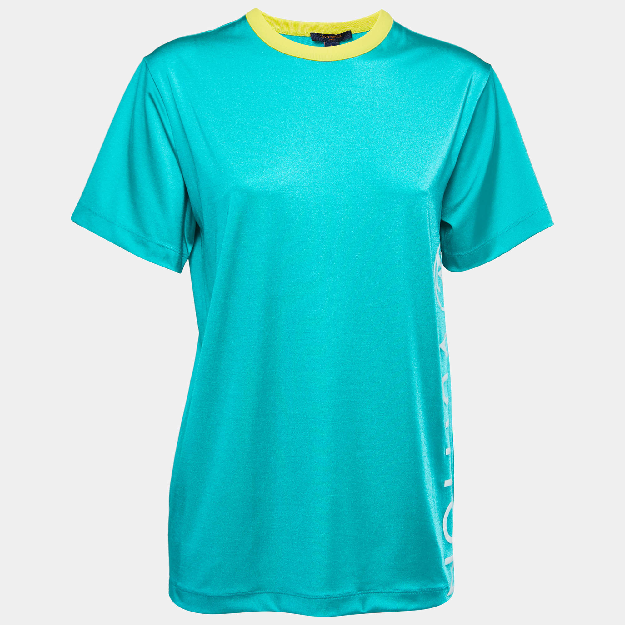 Pre Owned Louis Vuitton Green Logo Printed Knit Crew Neck Half Sleeve T-Shirt S
