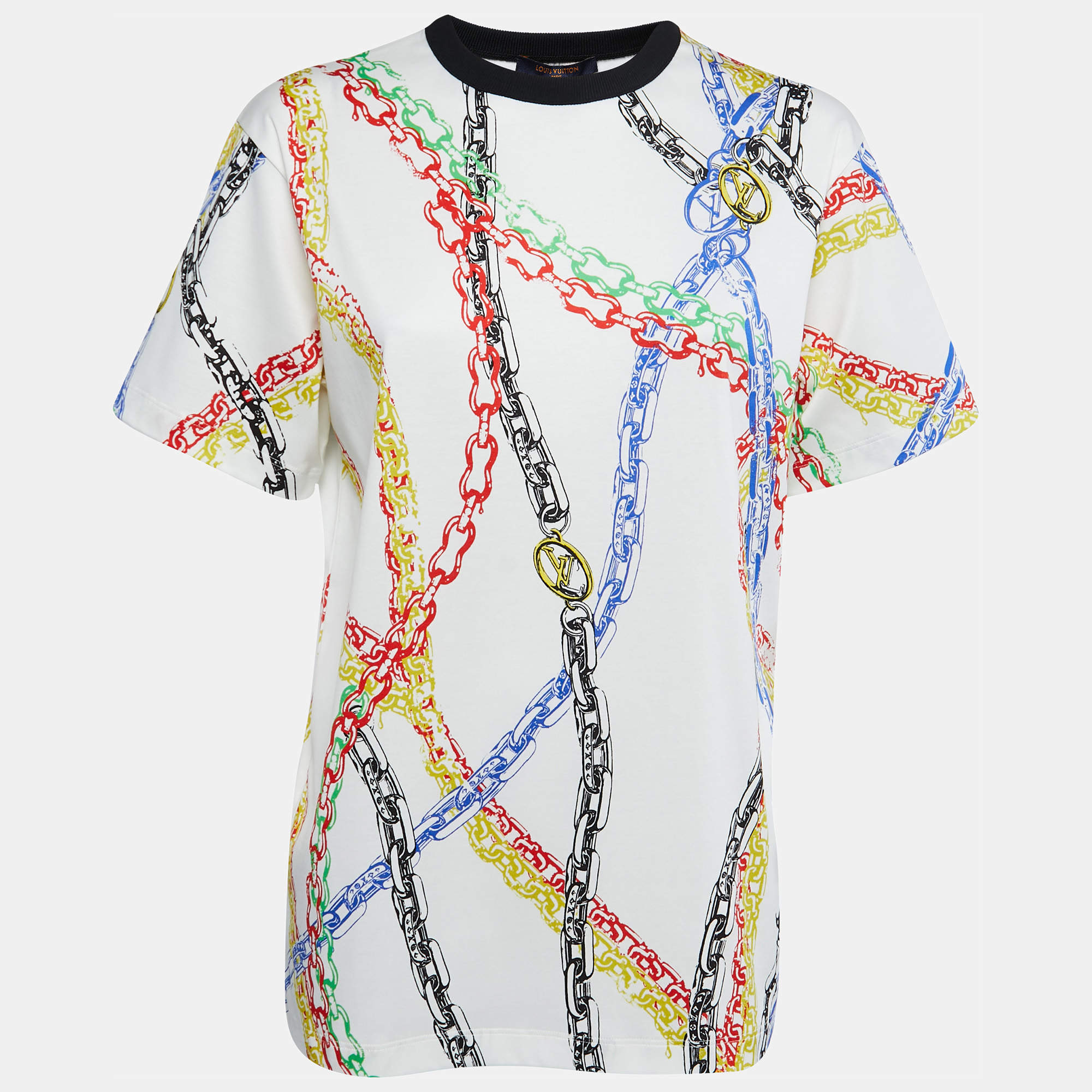 Louis Vuitton White Chain Printed Cotton Half Sleeve Crew Neck T-Shirt M