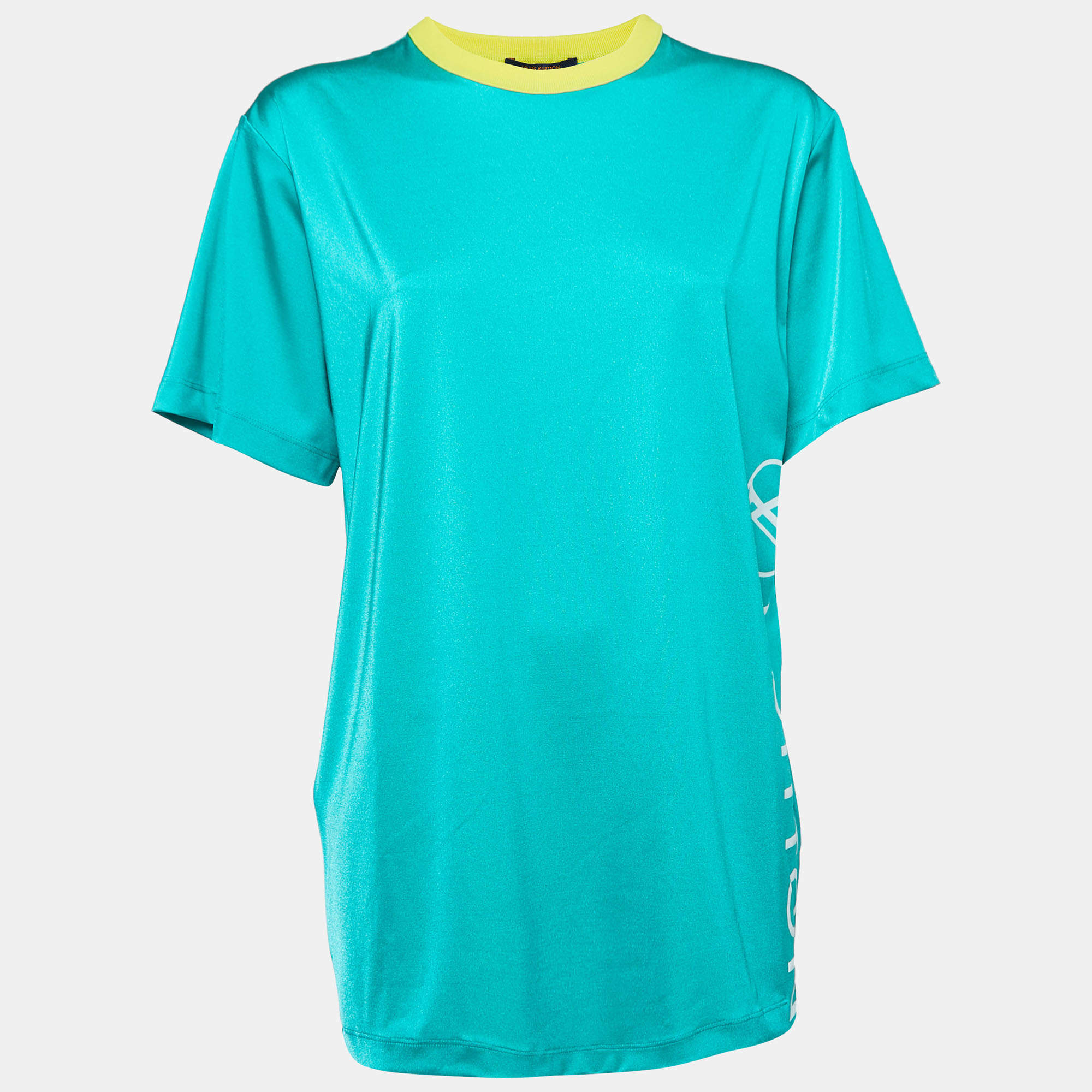 Pre Owned Louis Vuitton Green Logo Print Stretch Knit Crew Neck T-Shirt L