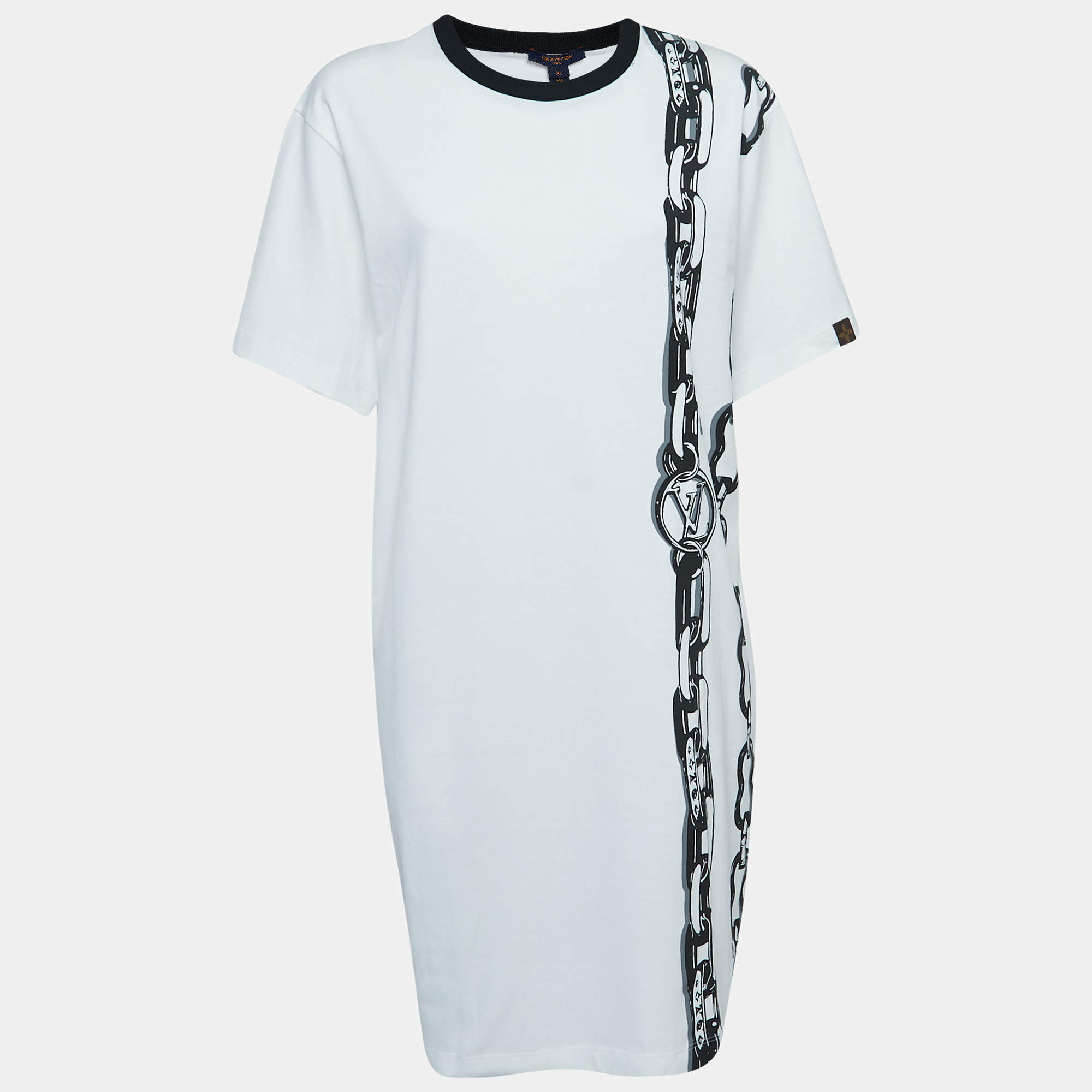 Louis Vuitton White Chain Print Cotton Mini T-Shirt Dress XL