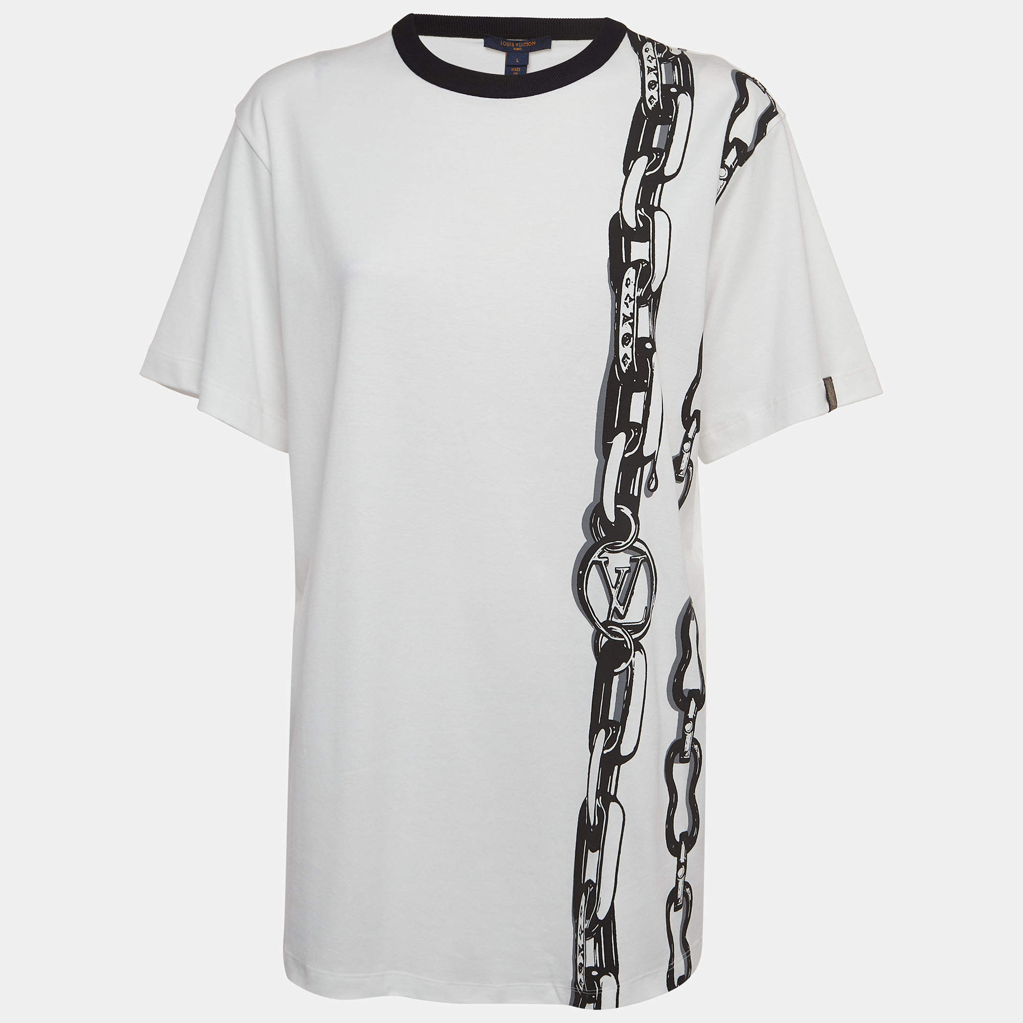 Louis Vuitton White Chain Print Cotton Crew Neck T-Shirt L
