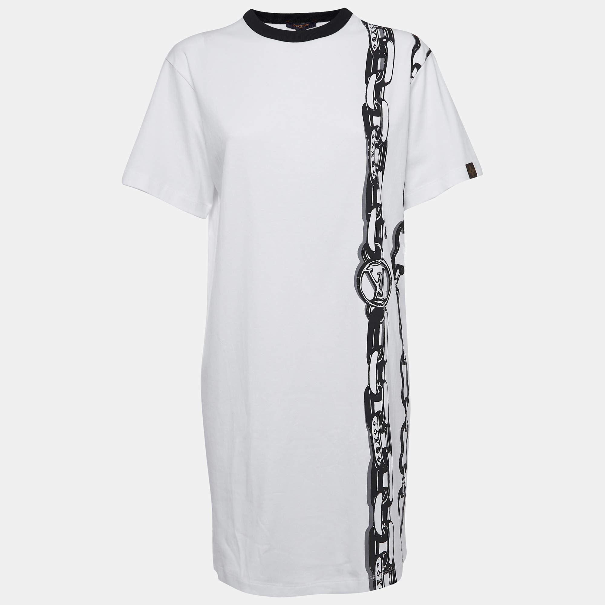 Pre Owned Louis Vuitton White Chain Print Cotton Mini T-Shirt Dress S
