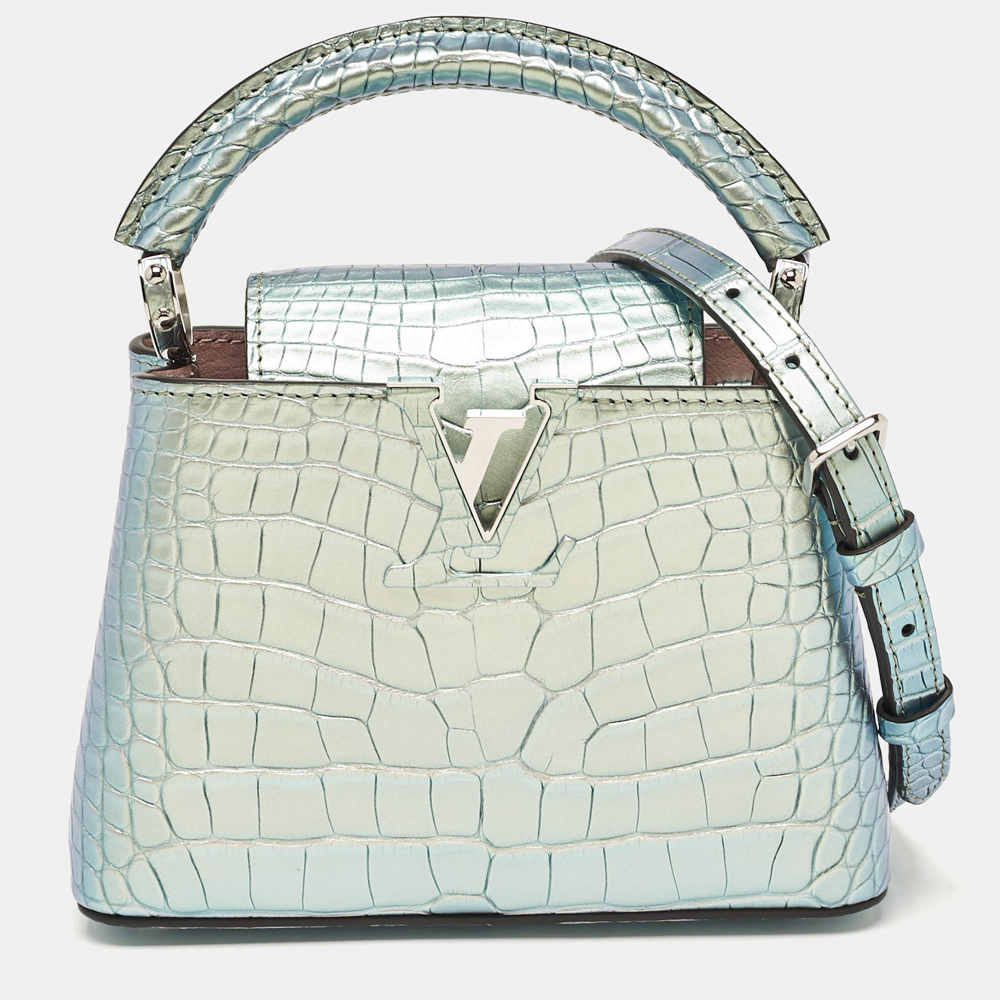Pre Owned Louis Vuitton Green Holographic Alligator Mini Capucines Bag