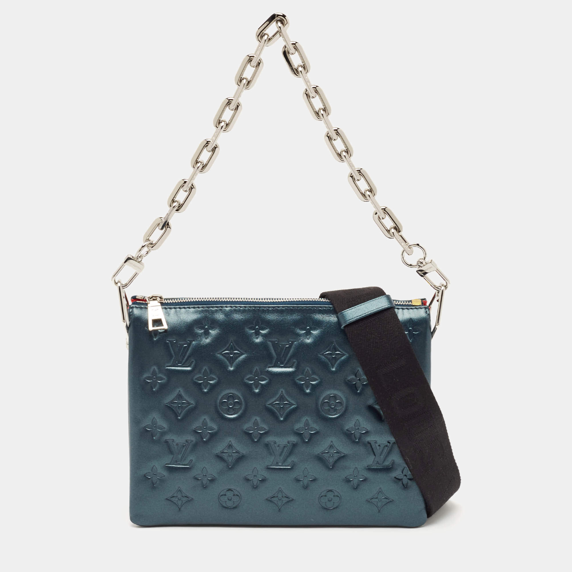 Louis Vuitton Metallic Teal Blue Monogram Embossed Leather Coussin PM Bag