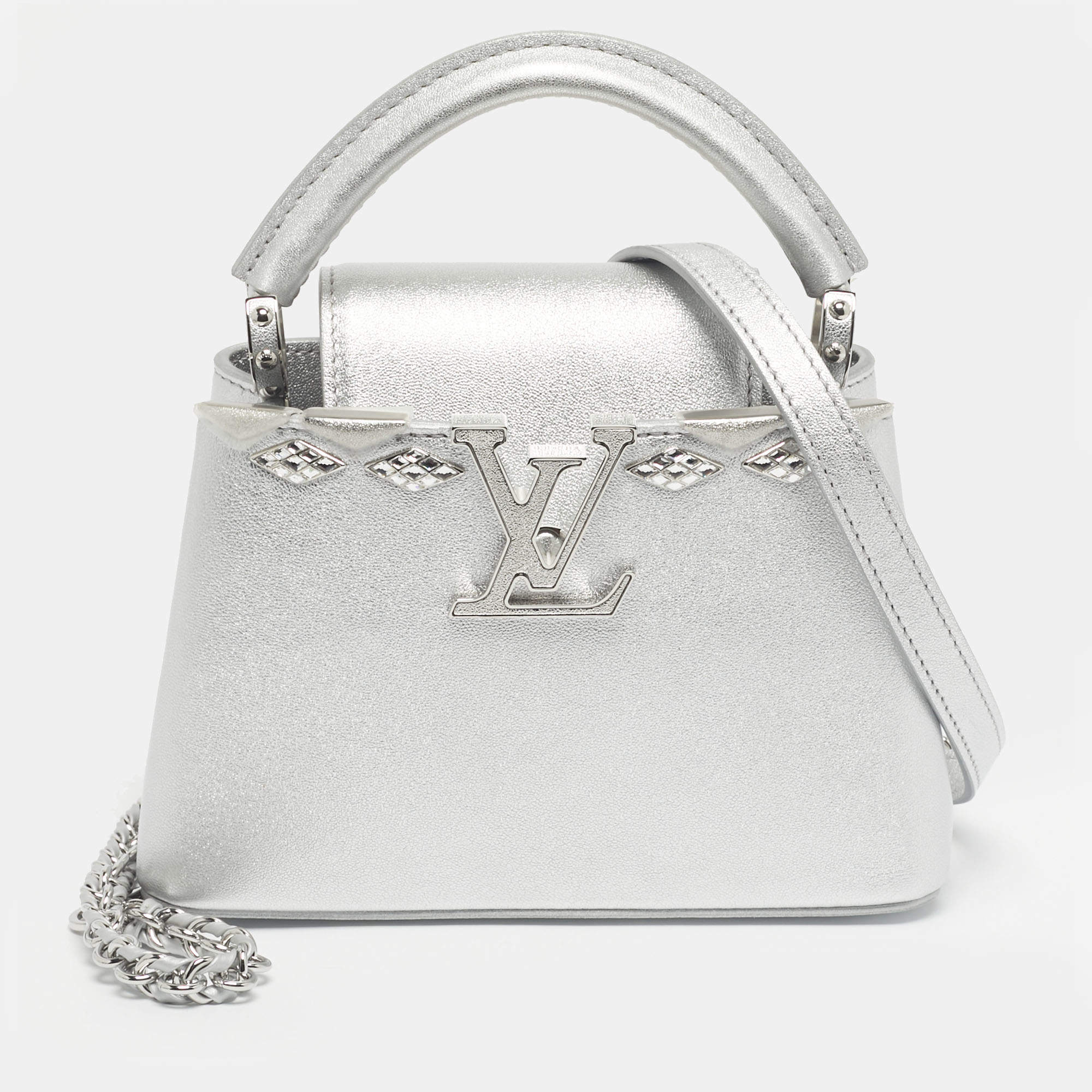 Pre Owned Louis Vuitton Silver Leather Crystal Embellished Capucines Mini Bag