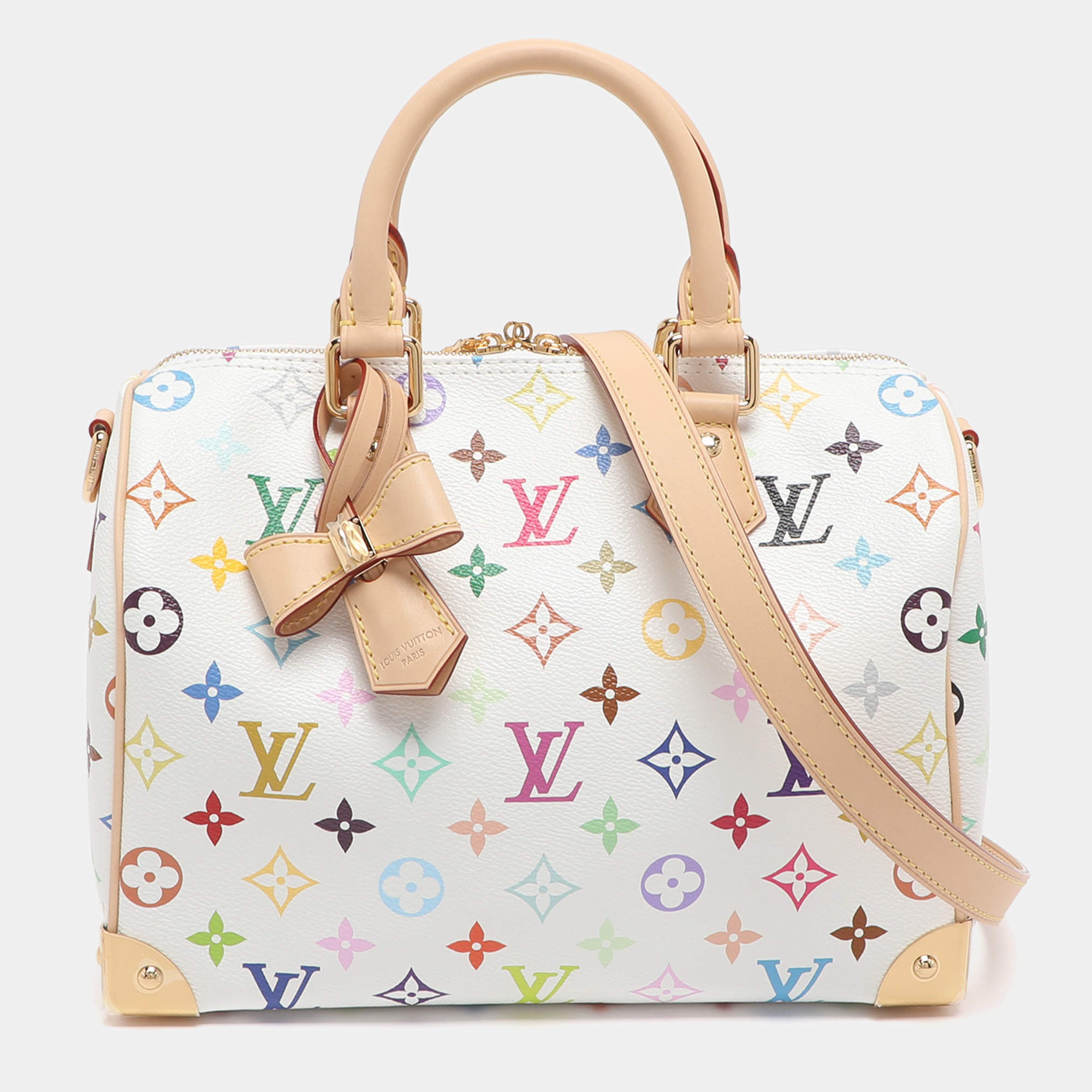 Pre Owned Louis Vuitton x Takashi Murakami Speedy Bandouliere 25 White Monogram Multicolore Bag