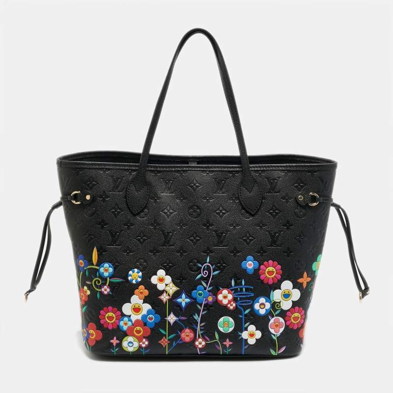 Pre Owned Louis Vuitton x Takashi Murakami Neverfull MM Black Monogram Empreinte Leather Tote 