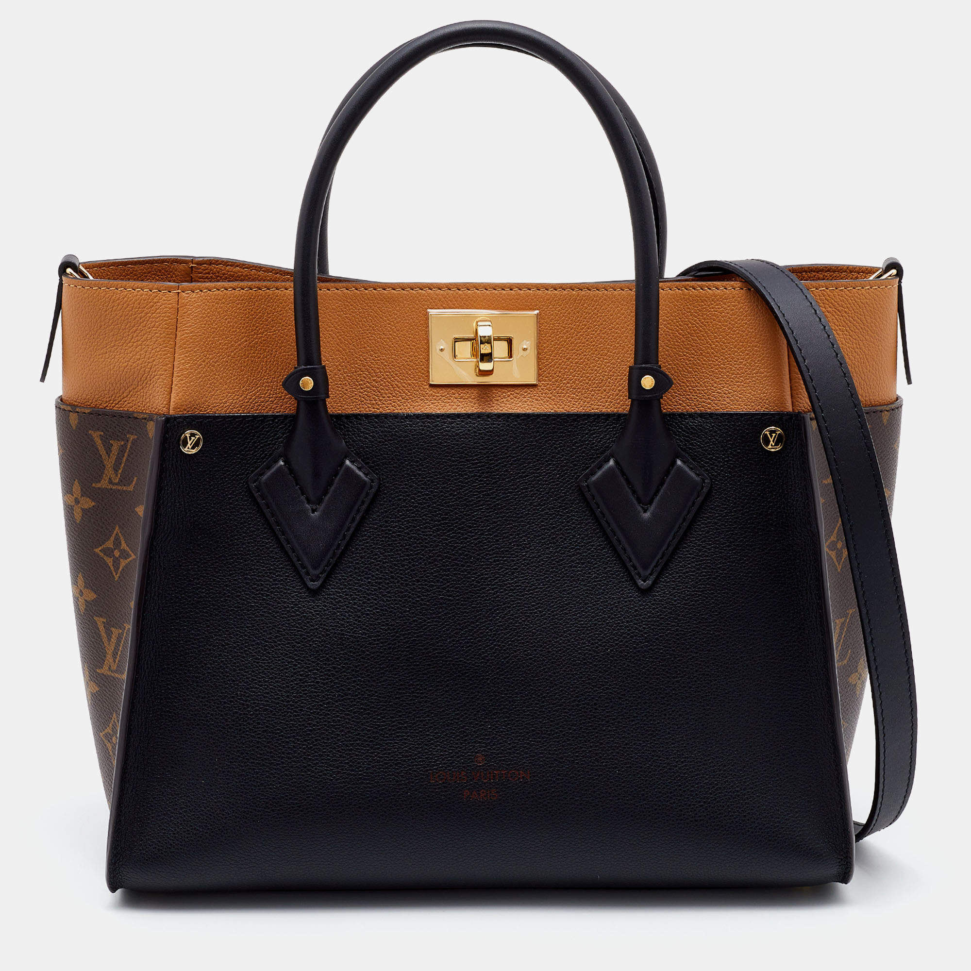 Louis Vuitton On My Side Tote MM Black,Brown Canvas,Leather Monogram