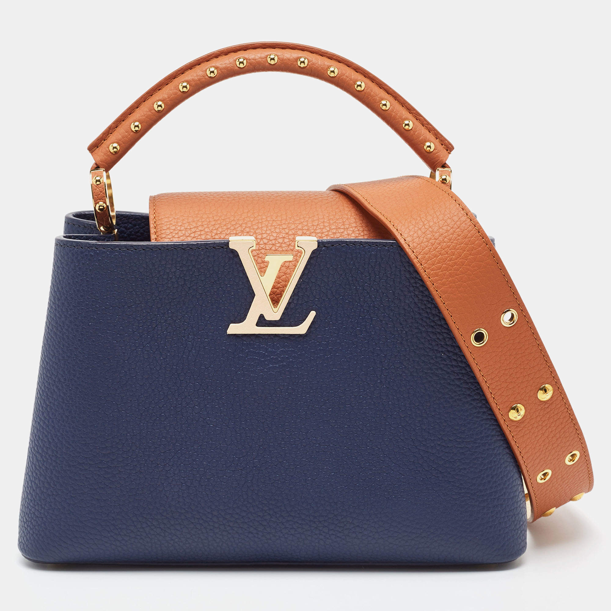 Pre Owned Louis Vuitton Navy Blue/Brown Leather Studded Capucines BB Bag