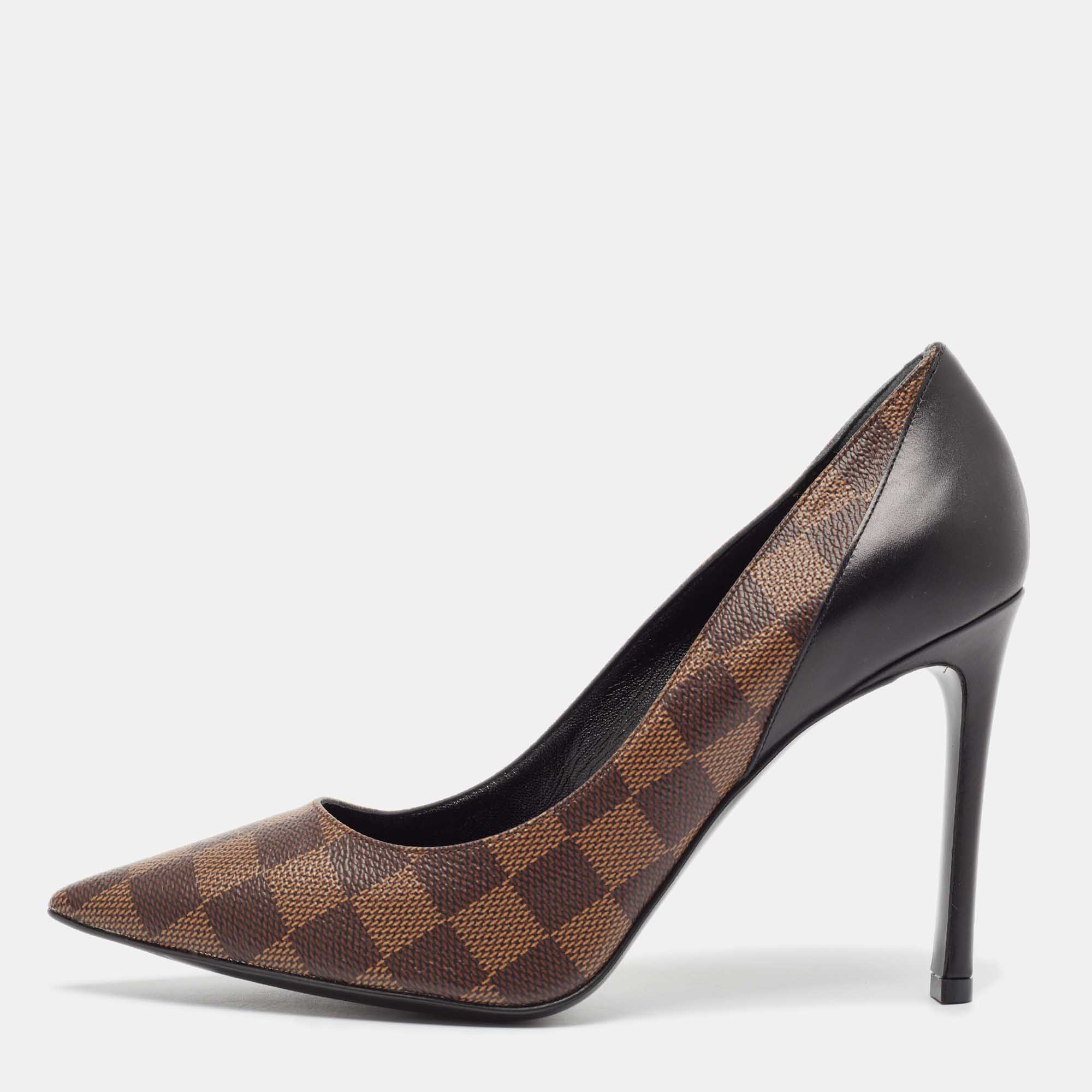 Pre Owned Louis Vuitton Brown/Black Damier Ebene Canvas and Leather Chérie Pumps Size 39.5