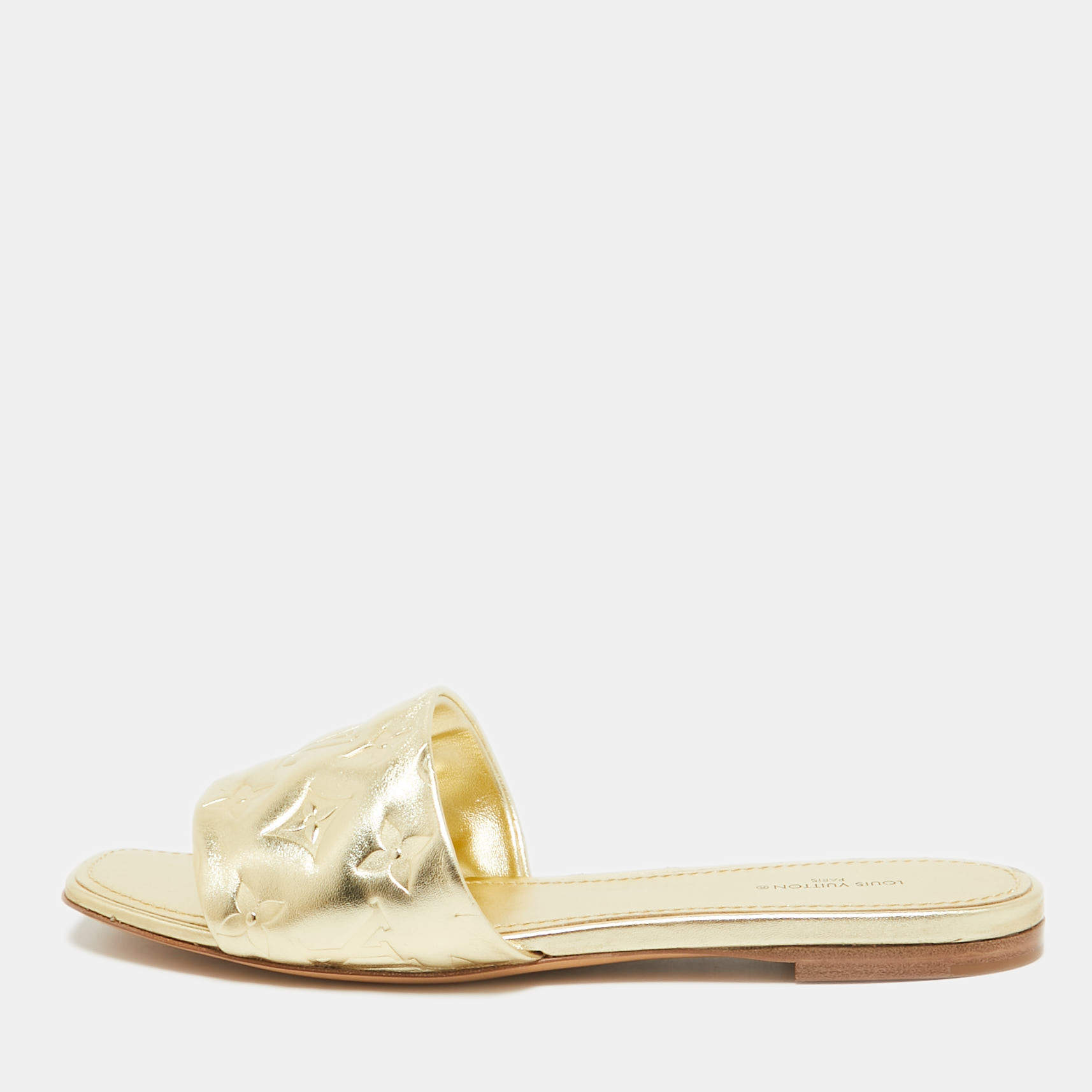 Pre Owned Louis Vuitton Gold Leather Revival Flat Sandals Size 39