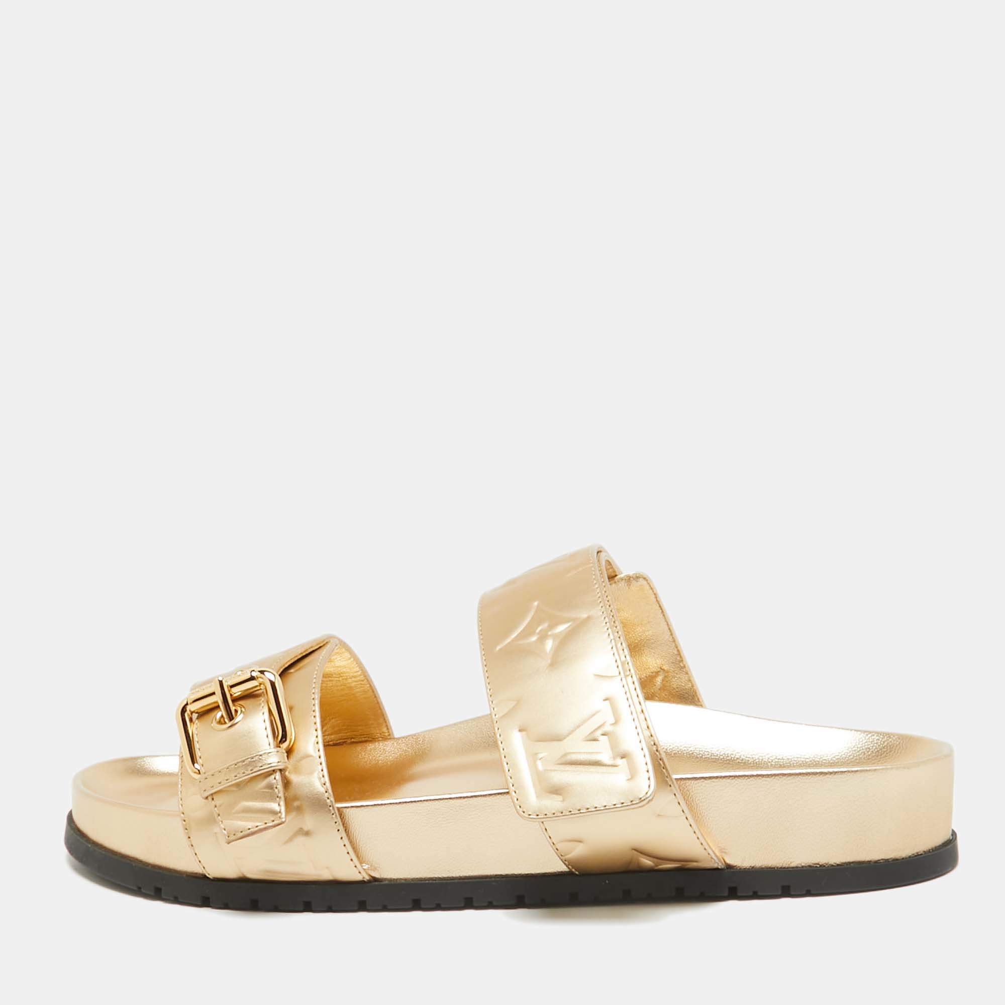 Louis Vuitton Gold Monogram Embossed Leather Bom Dia Slides Size 37