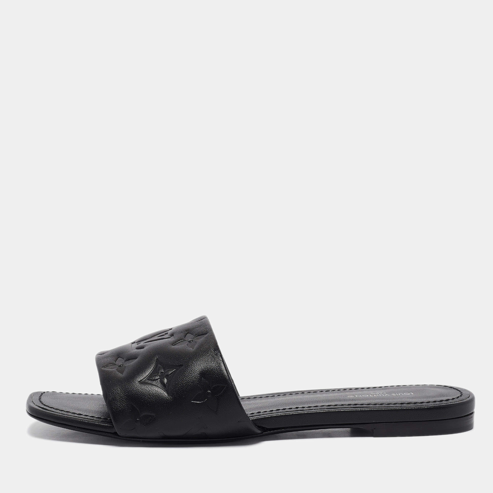 Louis Vuitton Black Monogram Embossed Leather Revival Flat Slides Size 38