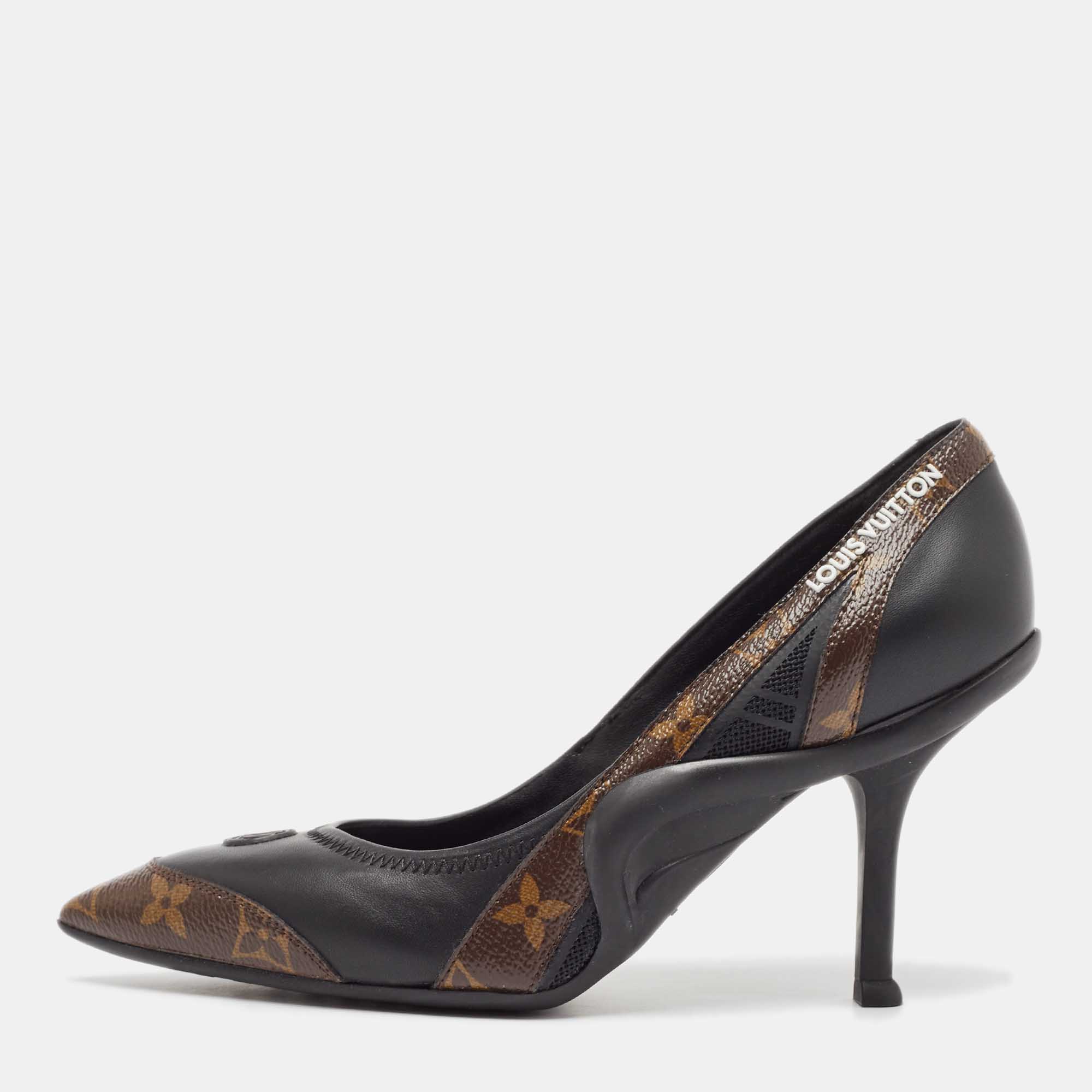 Pre Owned Louis Vuitton Black/Brown Leather and Monogram Canvas Archlight Pumps Size 38.5