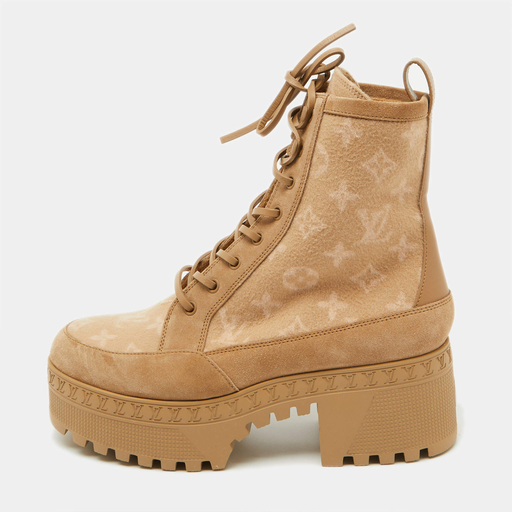 Pre Owned Louis Vuitton Beige Monogram Wool and Suede Laureate Platform Desert Boots Size 39