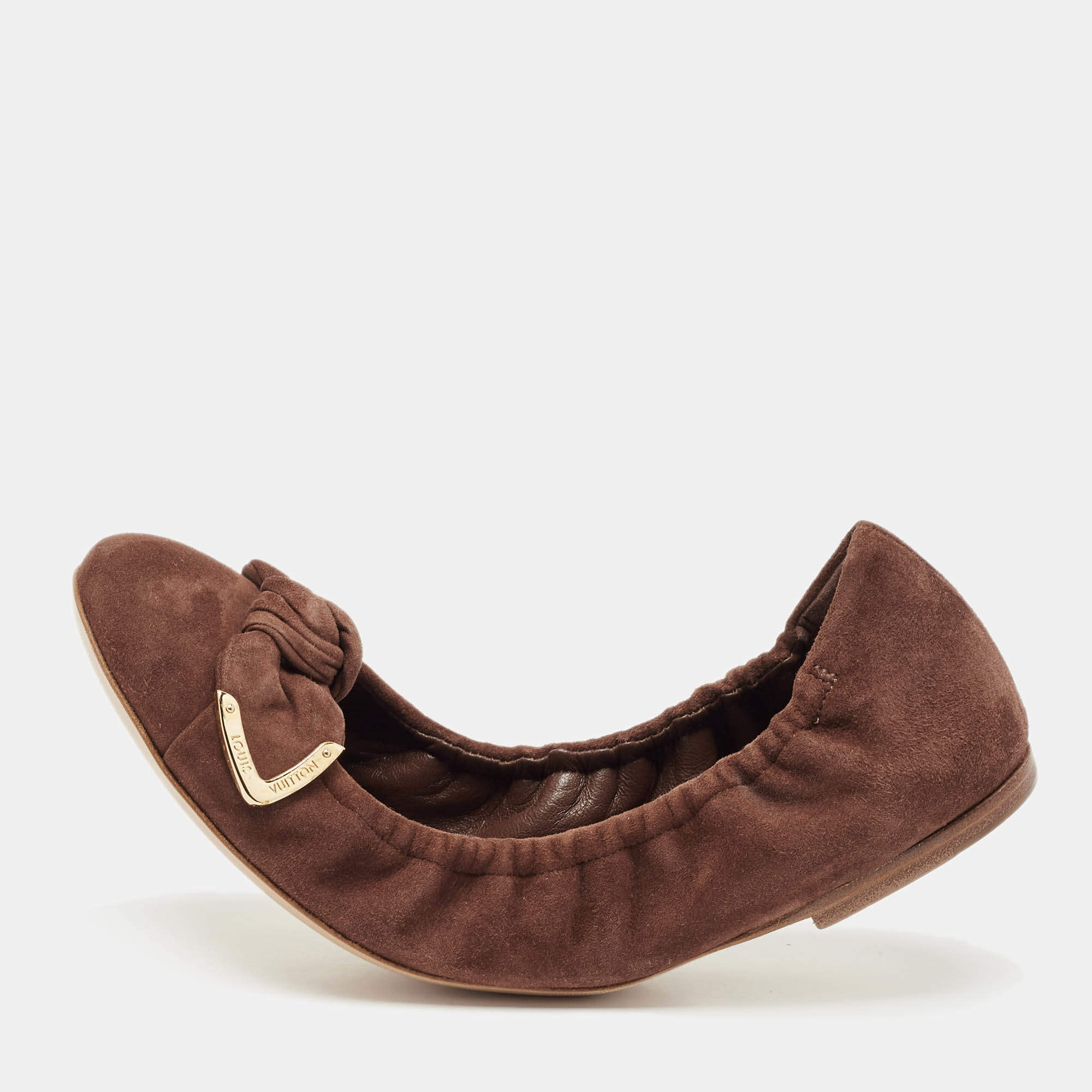 Louis Vuitton Brown Suede Leather Bow Knot Scrunch Ballet Flats Size 39