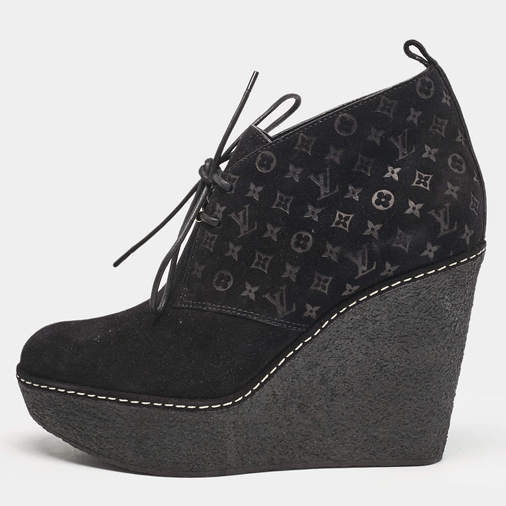 Louis Vuitton Black Monogram Suede Wedge Ankle Boots Size 36