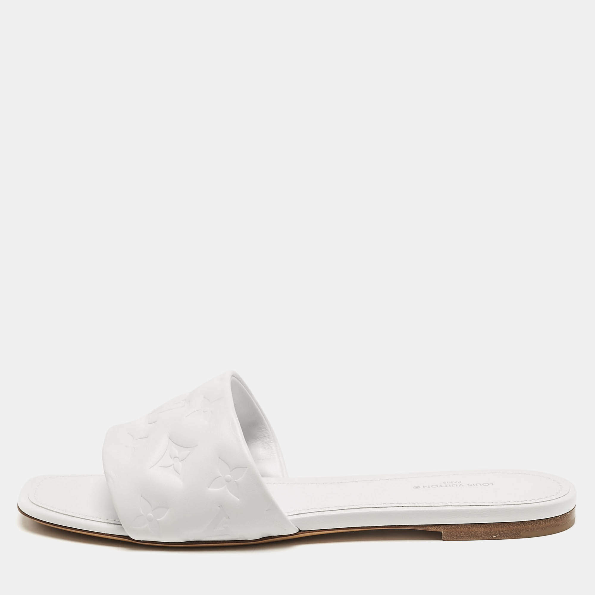 Louis Vuitton White Monogram Embossed Leather Revival Flat Slide Sandals Size 40