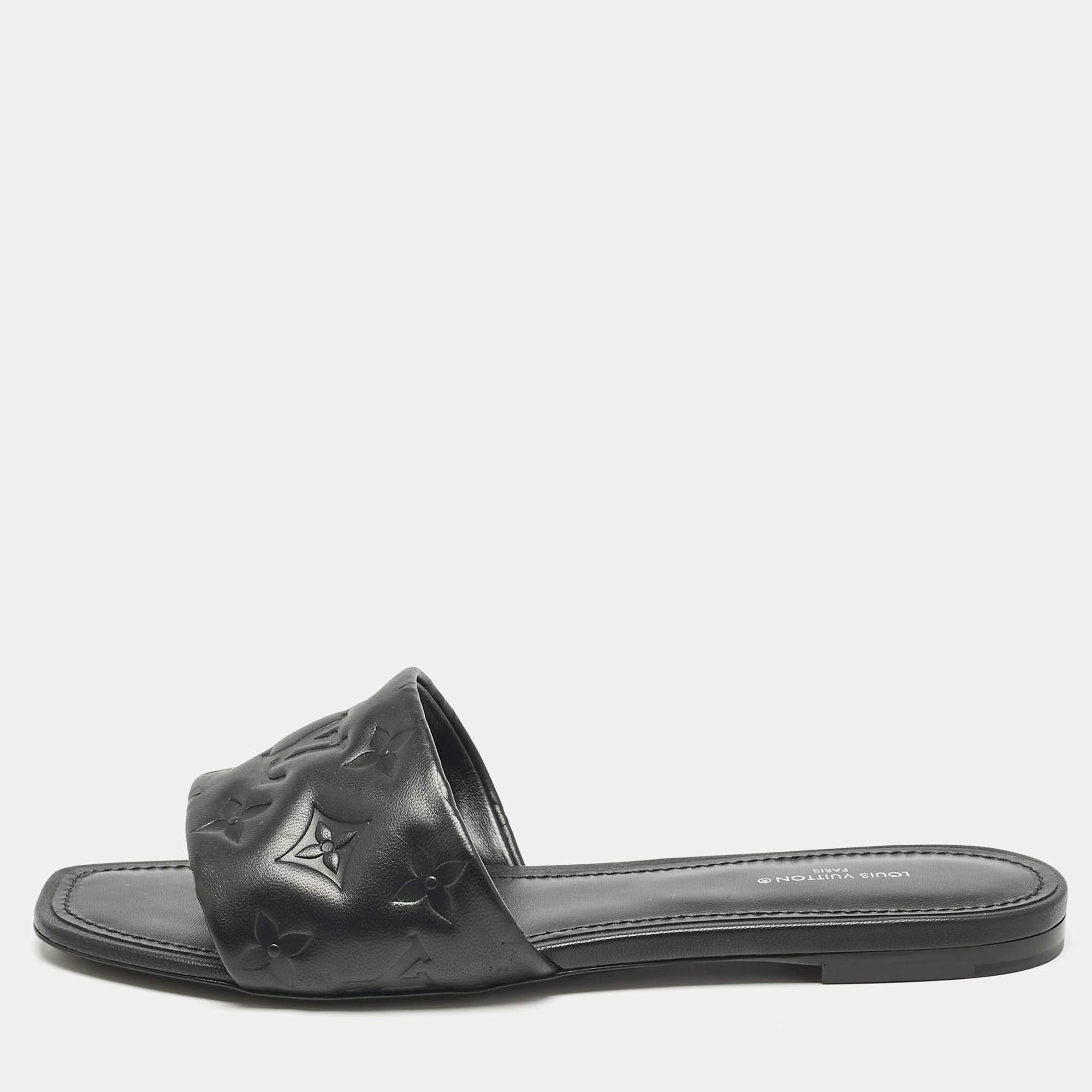 Louis Vuitton Black Monogram Embossed Leather Revival Flat Slide Sandals Size 39