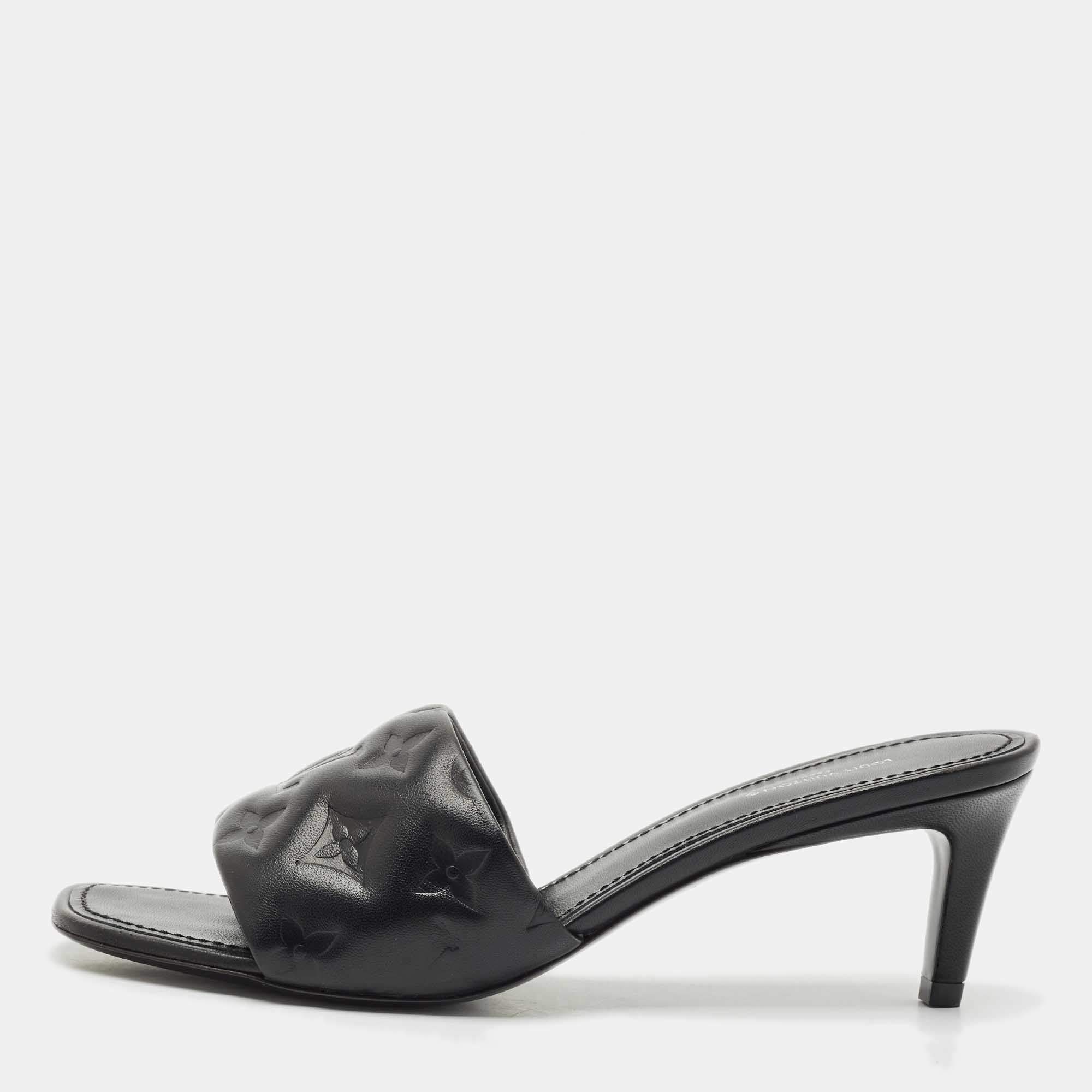 Louis Vuitton Black Monogram Embossed Leather Revival Slide Sandals Size 38.5