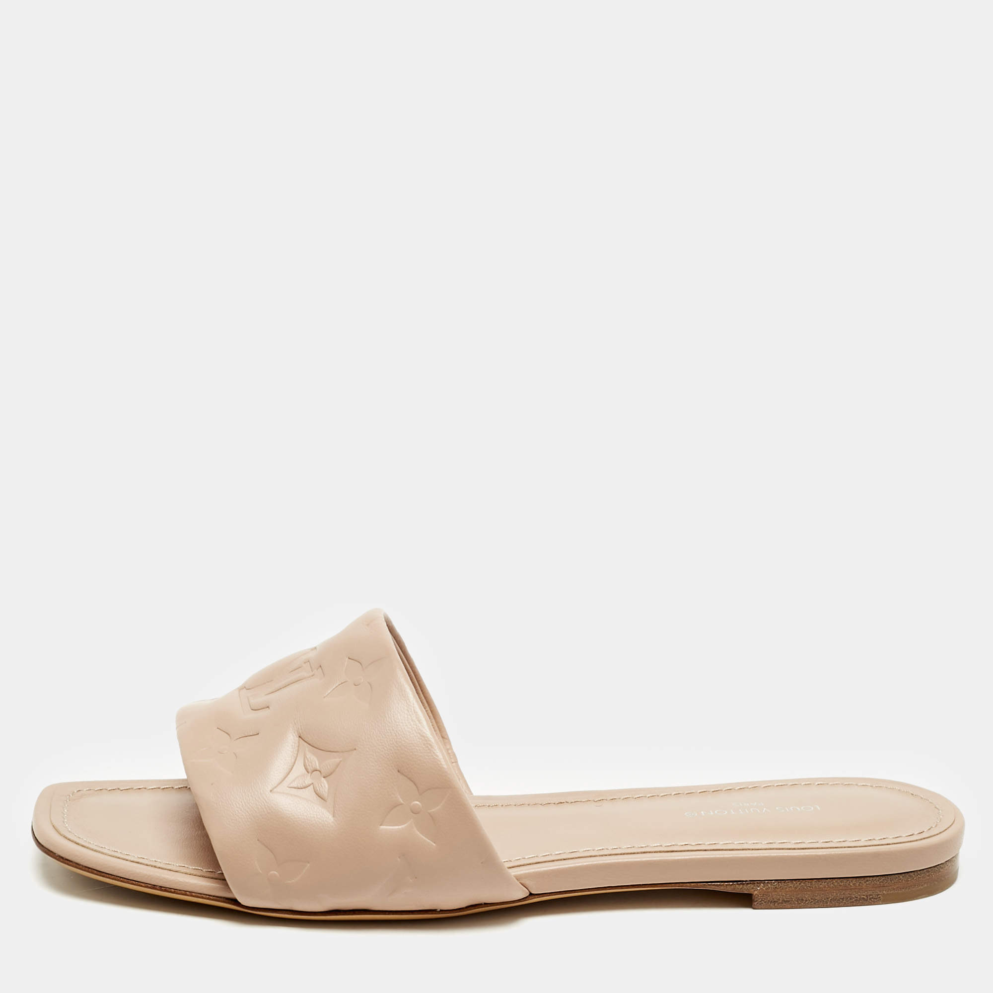Louis Vuitton Dusty Pink Monogram Embossed Leather Revival Flat Slides Size 38