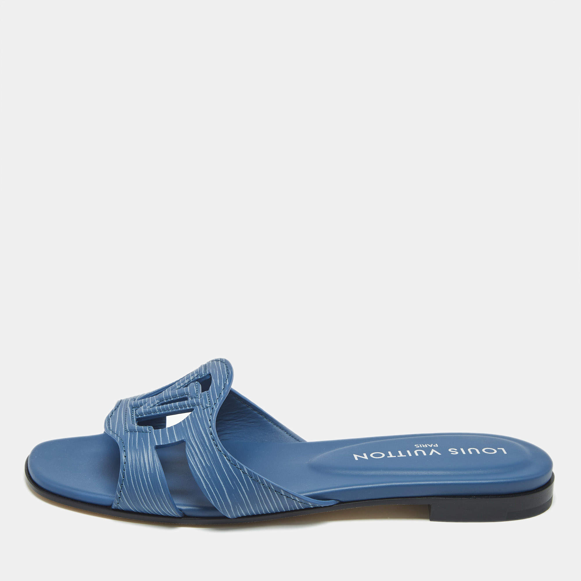 Pre Owned Louis Vuitton Blue Epi Leather LV Isola Flat Slides Size 37
