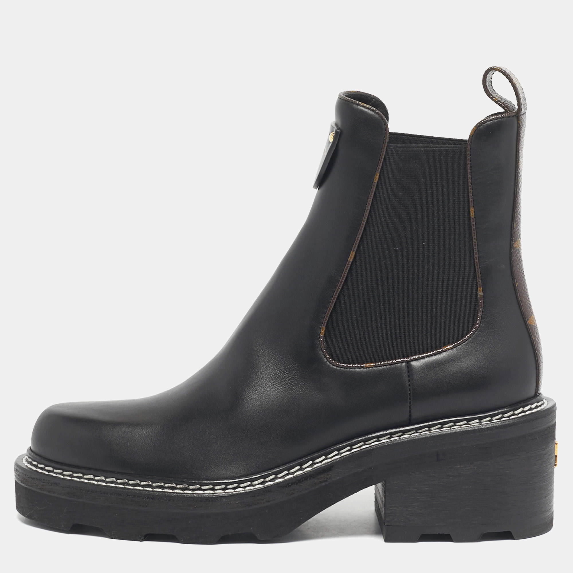 مملوكة مسبقًا حذاء بوت كاحل لوي فيتون قماش مونوغرام أسود/بني وجلد بوبورغ مقاس 38