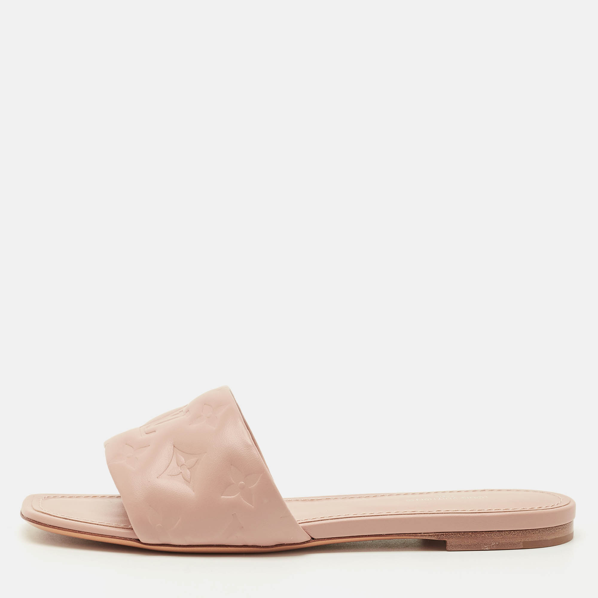 Pre Owned Louis Vuitton Dusty Pink Monogram Embossed Leather Revival Flat Slides Size 38